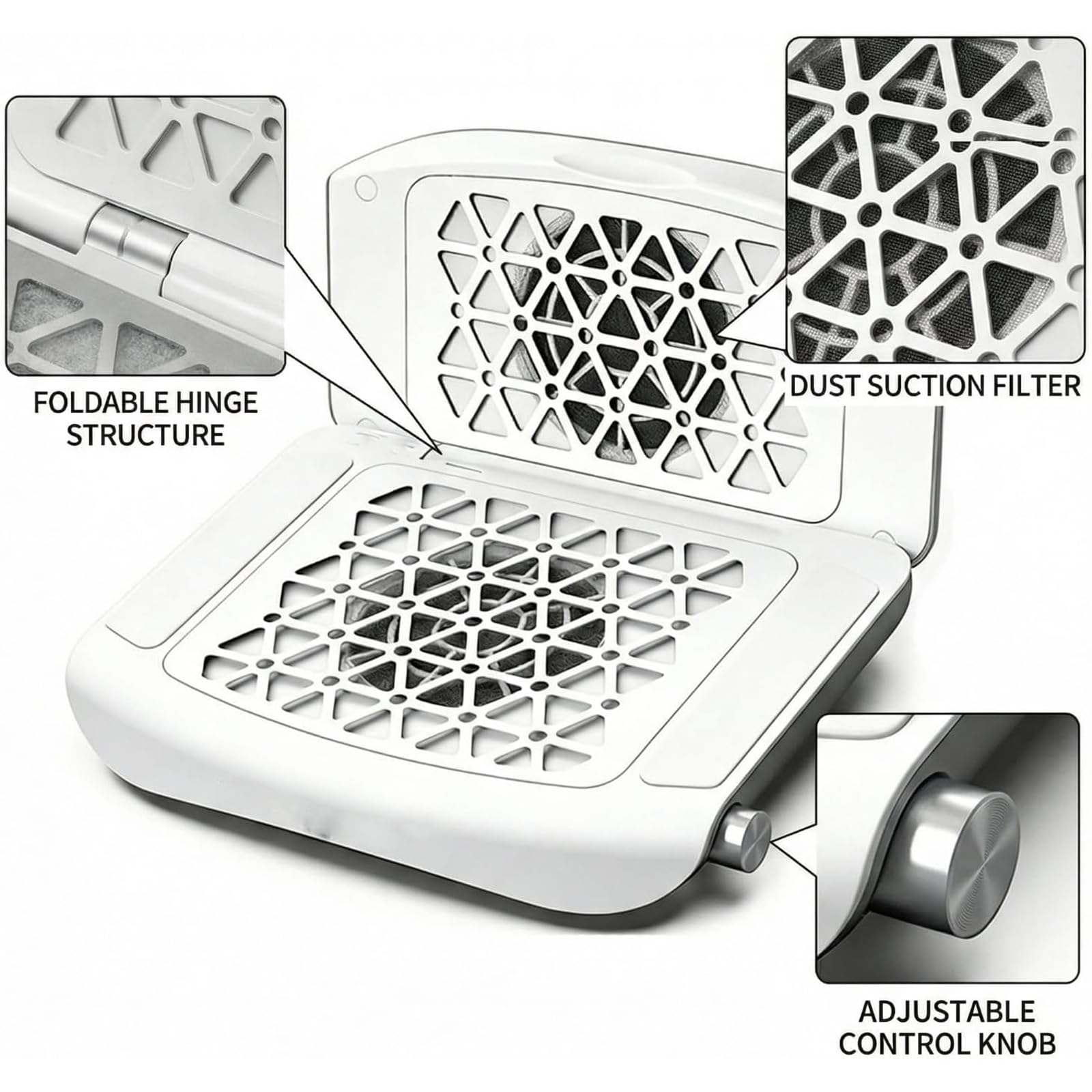 Aspirapolvere per Unghie, Ventilatore Portatile Pieghevole per La Raccolta della Polvere, Regolazione della velocità - Max 4000 Giri/min, Rete Protettiva a Doppio Strato