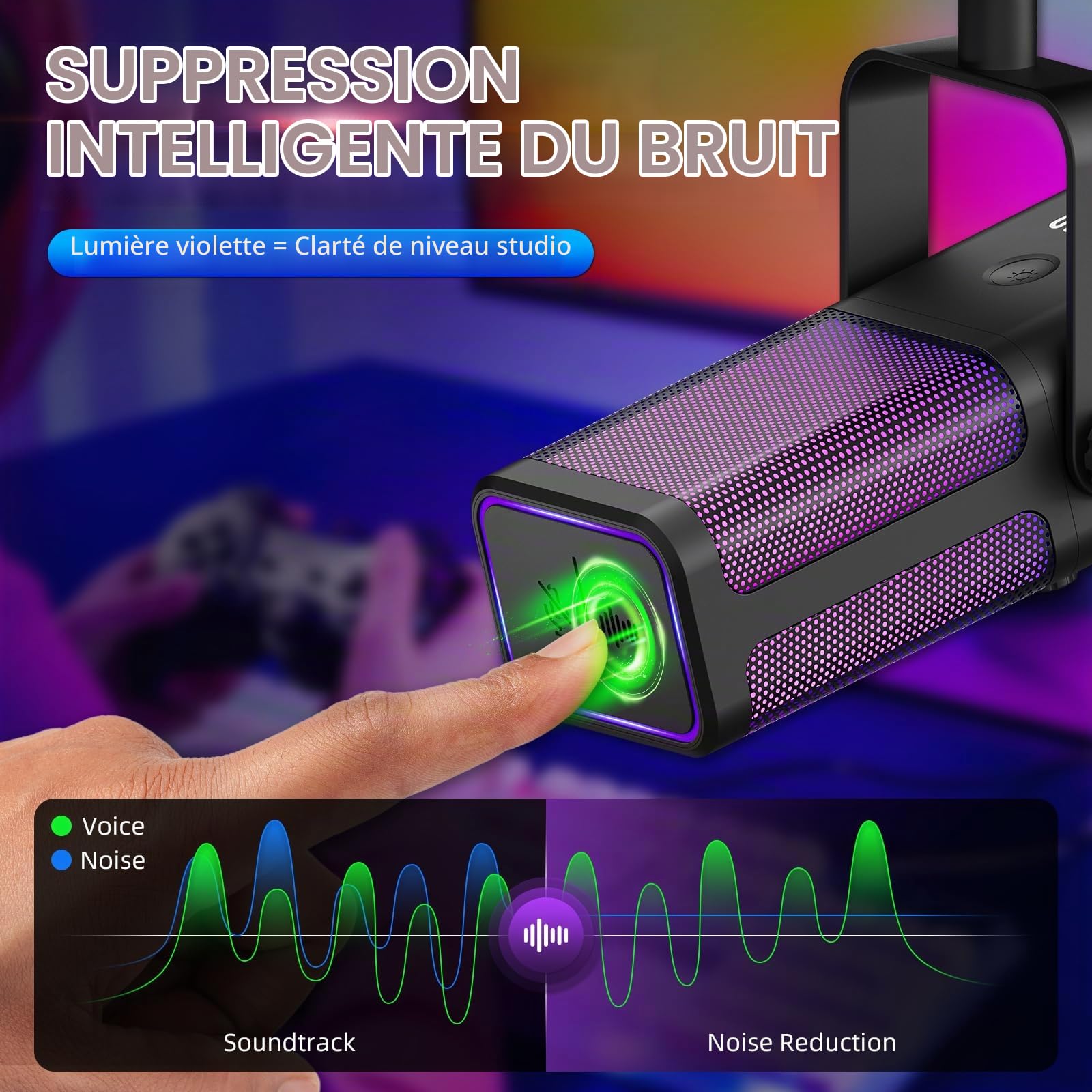 XTUGA M7 Microphone Dynamique pour Streaming Gaming avec éclairage RGB, Microphone à condensateur pour Ordinateur avec réduction du Bruit et Surveillance en Temps réel pour Podcast