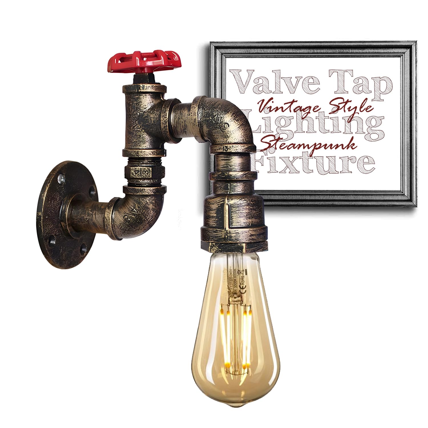 DC VOLTAGE Vintage Water Pipe Wall Light Fixtures Creative Metal Steampunk Pipe Retro Wall Lamp E27 60W Max for Bedroom Kitchen Cafe Hotel Bar Pub Farmhouse (Brushed Copper Valve) — image 1