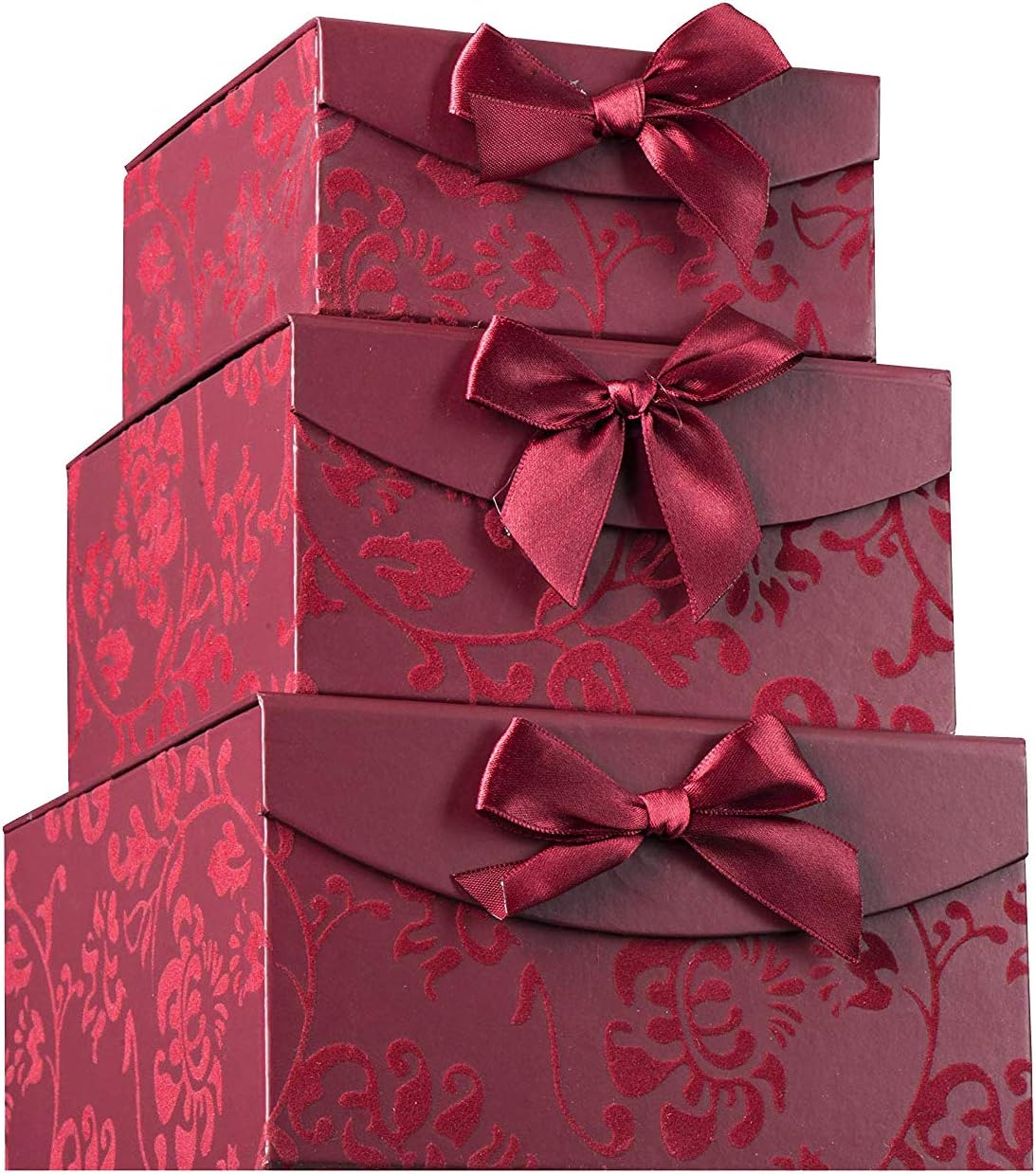 Burgundy Small Swirl Nesting Elegant Christmas Gift Boxes - Set of 3 - With Bows and Magnetic Closure for Party Wedding Gifts