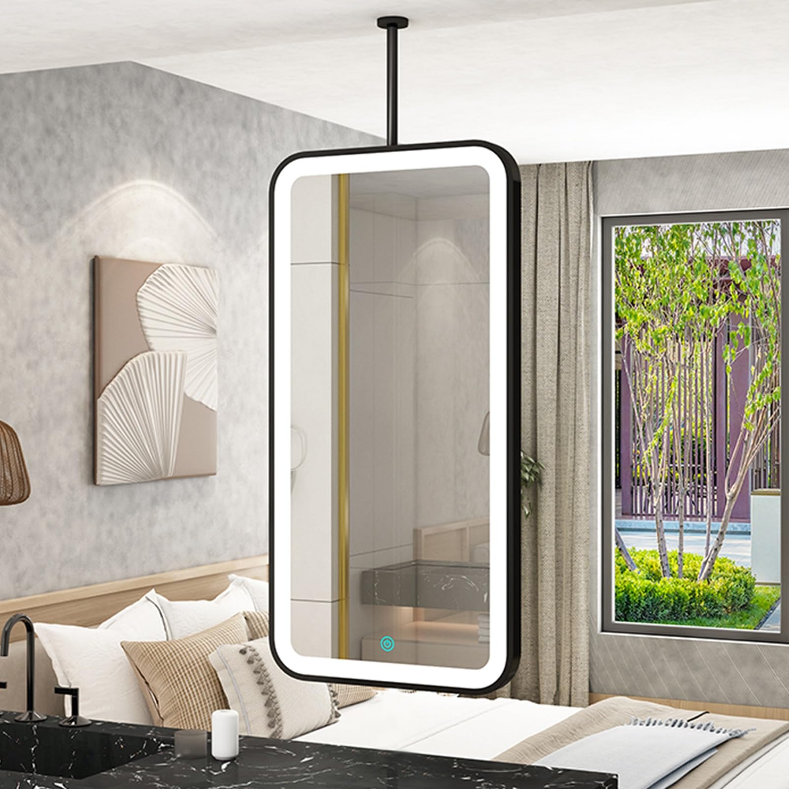 ITOSUI Rectangle Hanging Mirror LED Vanity Makeup Mirrors, Modern Ceiling Mounted Mirrors for Entryway Living Room, 3 Colours Dimmable Light, Floating Metal Frame Mirror(50cmx60cm)