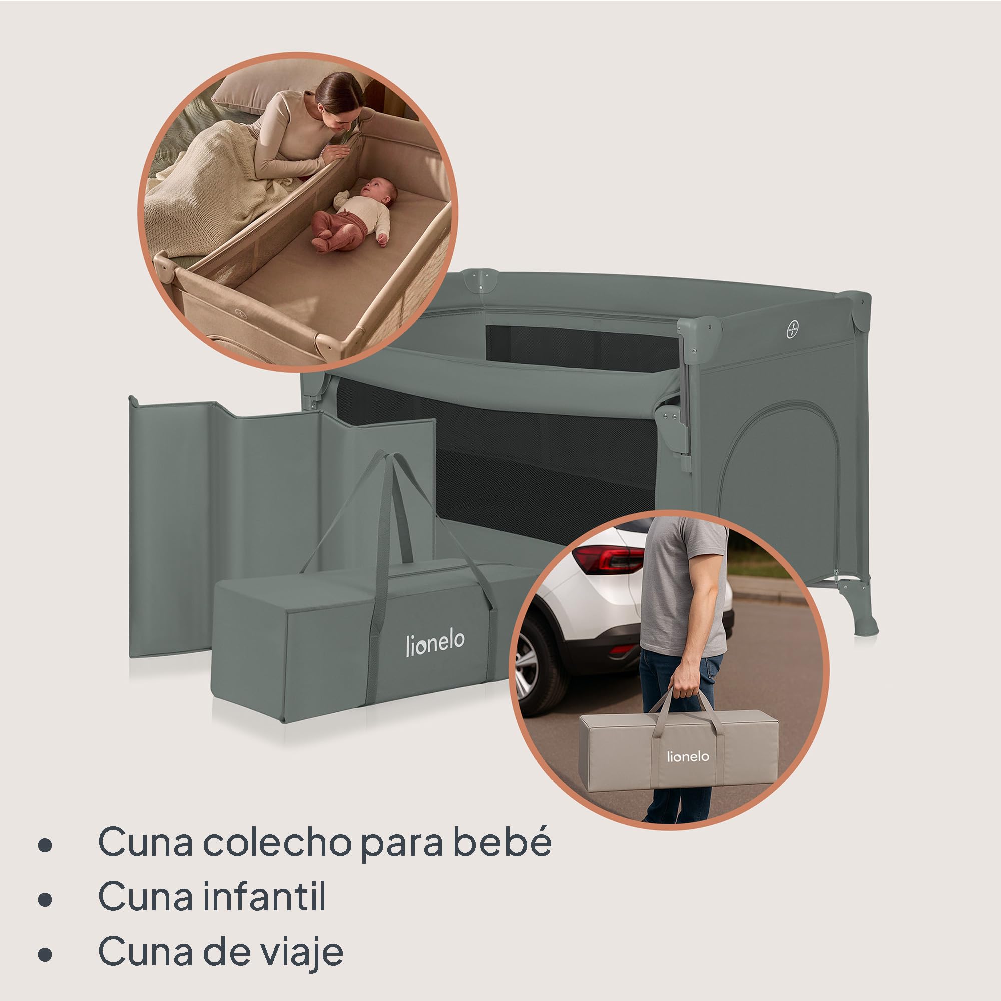 LIONELO ELLEN Cuna de viaje 3 en 1 de 0 a 3 años, Cuna Colecho para Recién Nacidos y Mayores hasta 15 kg, 2 Alturas de Colchón, Correas de Amarre, Entrada Lateral con Cremallera, 2 Ruedas Bolsa