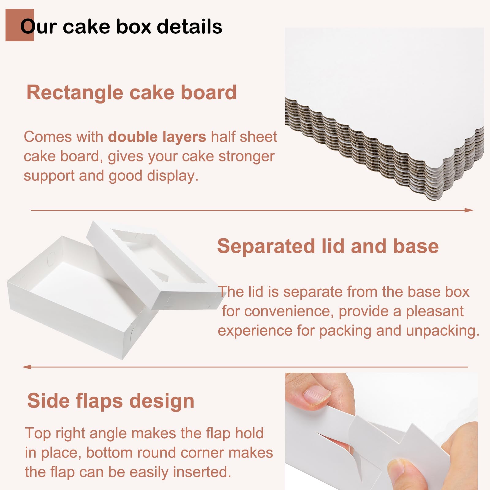Mefleet Lot de 10 boîtes à gâteau rectangulaires de 48,3 x 35,6 x 12,7 cm avec 10 planches à gâteau rectangulaires avec fenêtre pour pâtisserie, cupcakes, beignets, biscuits, tarte - Blanc - Taille L