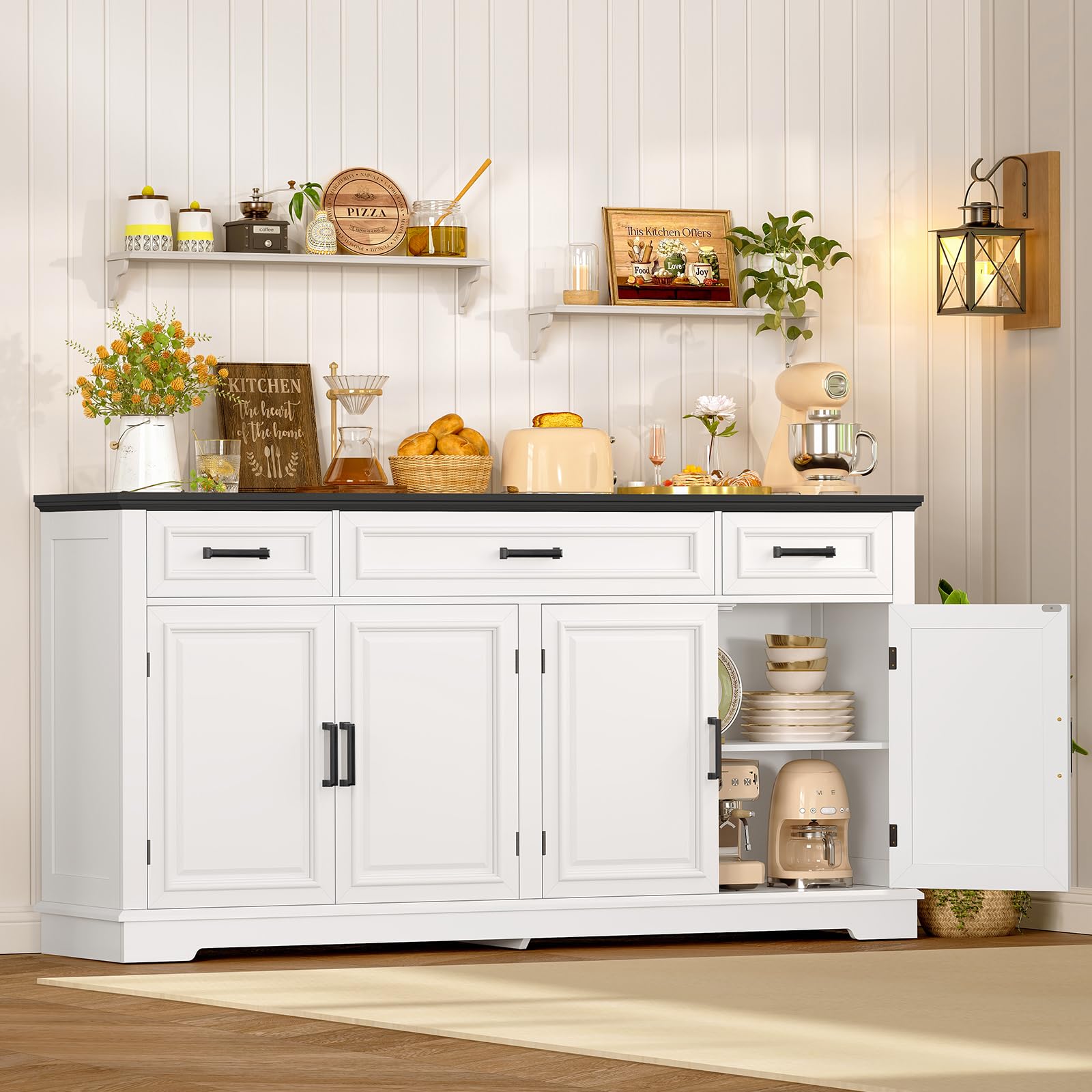 TEENFON 150cm Buffet Salle a Manger, Meuble Cuisine avec 4 Portes et 3 tiroirs, Buffet Cuisine à étagères réglables, Meuble de Rangement de Cuisine pour Salon, entrée, Blanc – 150 × 40 × 80 cm