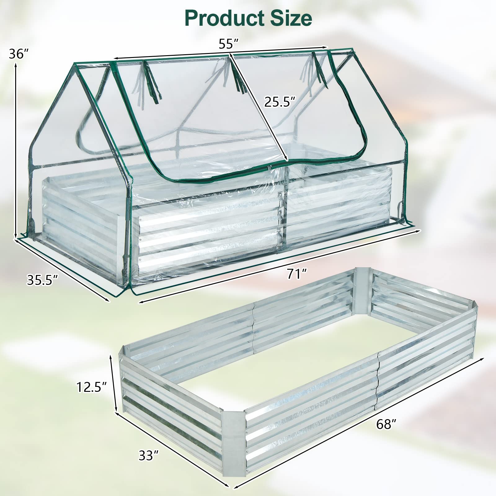 GOPLUS Jardinera elevada de Acero galvanizado con Cubierta de Mini Invernadero, Conjunto de Caja de Plantas al Aire Libre de Metal con Grandes Ventanas de Malla de Alambre