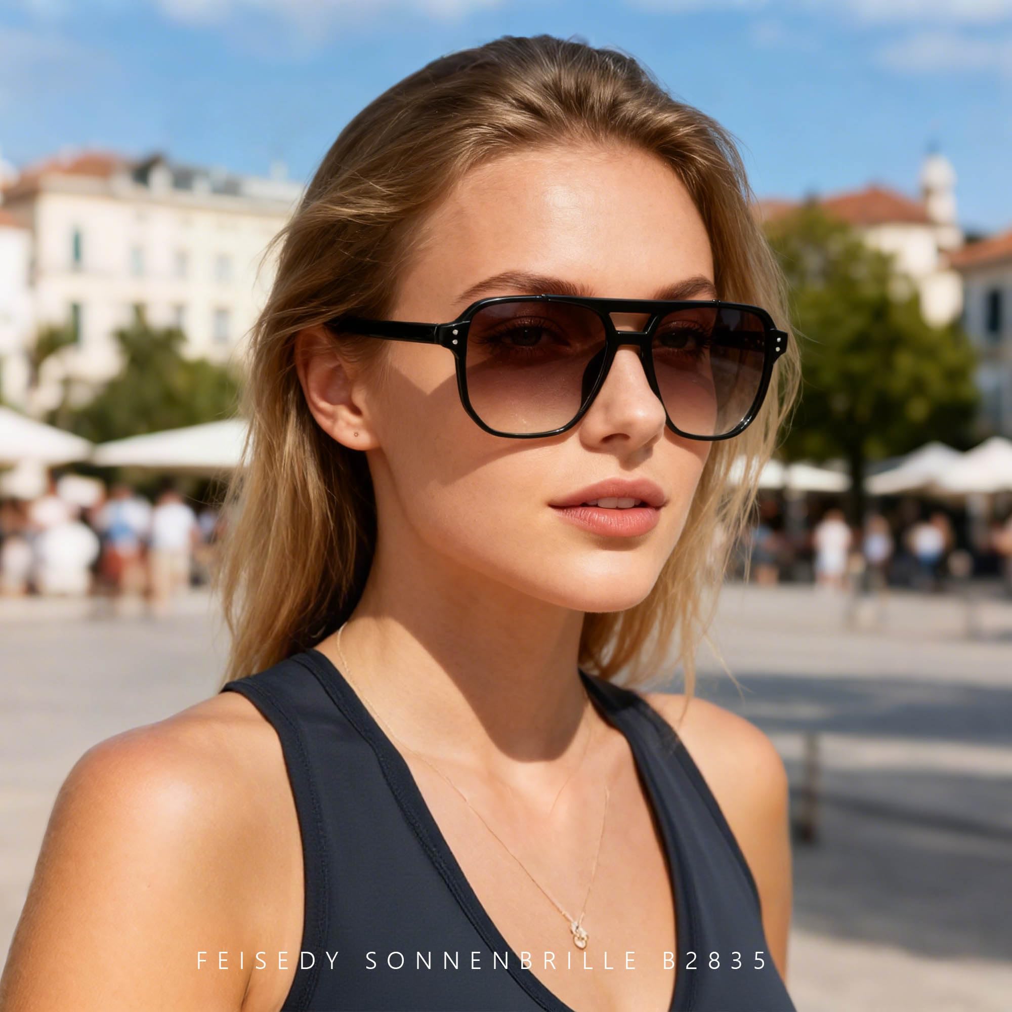 FEISEDY Retro Lunettes de Soleil Carrées Femme Homme 70s Vintage Lunettes Classique avec Double Pont Protection UV400 B2835
