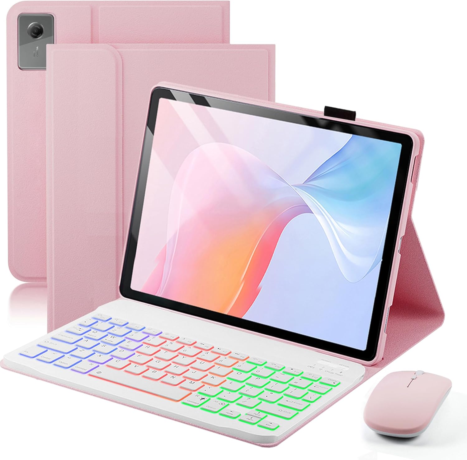 Case with Keyboard for 2025 Lenovo Idea Tab Plus 12.1 Inch/Lenovo Tab K12 - Rainbow Backlit Detachable Cover with Mouse (TB361FU/TB361ZU) - Pink