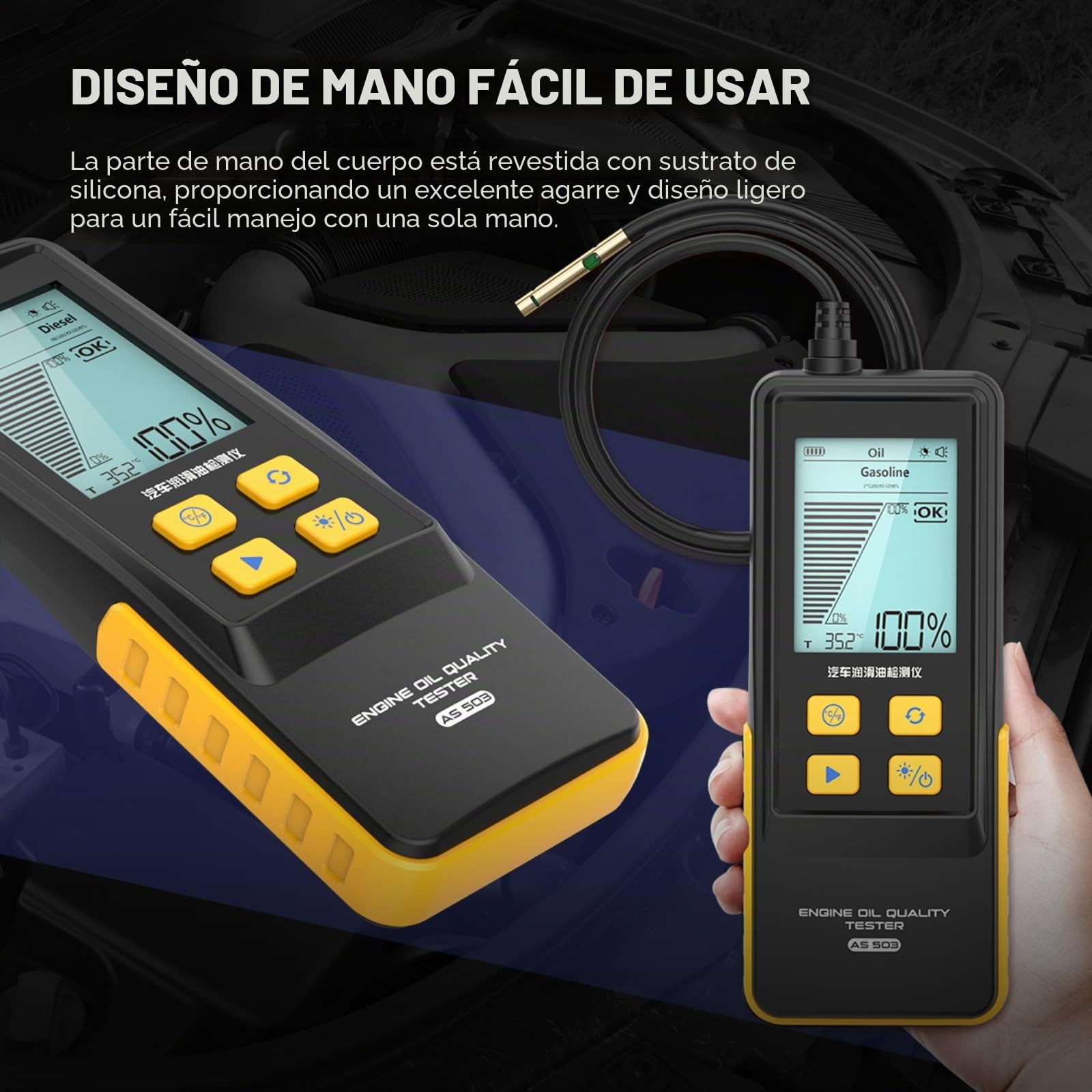 AS503 - Probador de calidad de aceite de motor, probador de lubricante de mano con sensor óptico de alta precisión, pantalla LCD retroiluminada, detección de temperatura del aceite y transmitancia