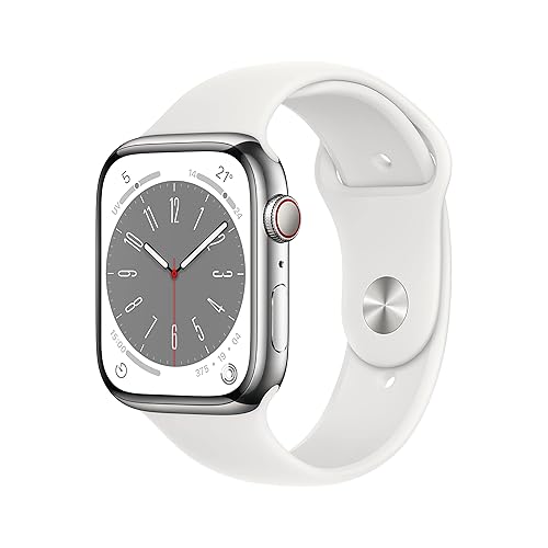 Immagine del prodotto Apple Watch Series 8 (GPS + Cellular, 45mm) Smartwatch con cassa in acciaio inossidabile color argento con Cinturino Sport bianco - Regular. Fitness tracker, app Livelli O₂, resistente all’acqua