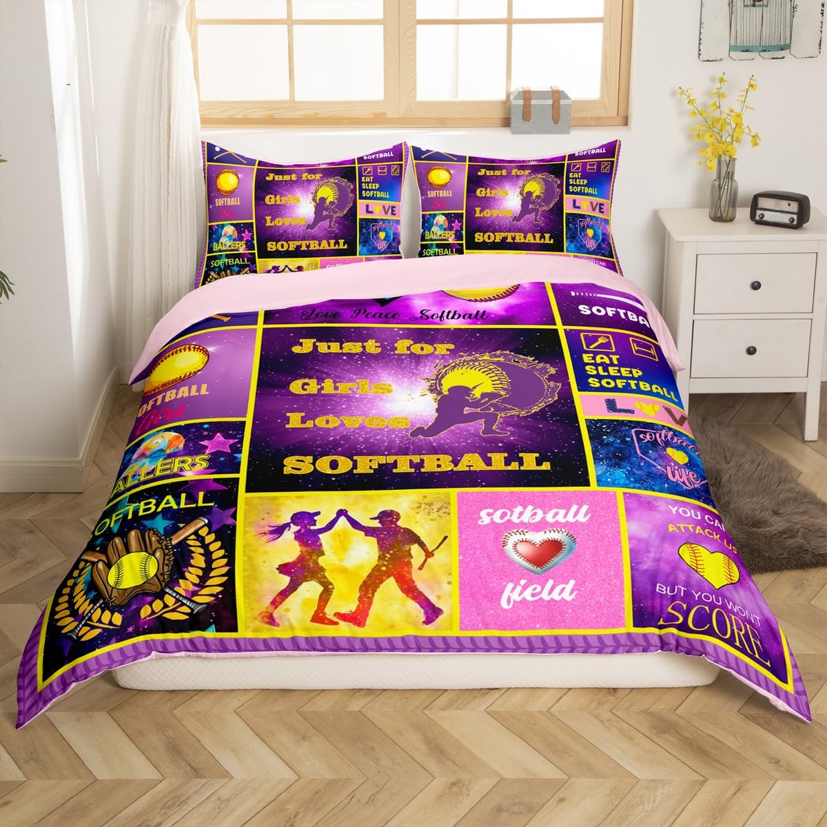 Homewish Funda de edredón de softball tamaño King, funda de edredón de retazos morados para niños, adolescentes y adultos, juego de ropa de cama deportiva de sóftbol para niñas y niños, juego de cama
