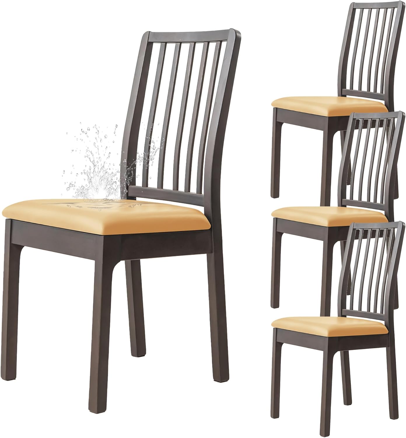 Dimatic Chair Seat Covers Set of 4, PU Leather Waterproof Seat Covers, Stretch Chair Cover for Dining Room Chair Protector Slipcover for Kitchen, Living Room, Pets (Beige)