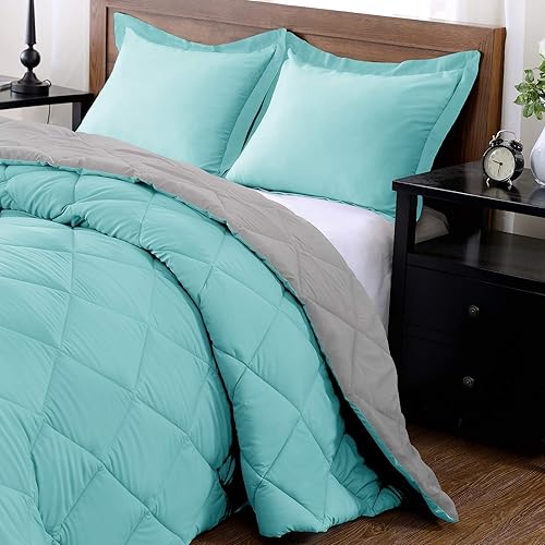 Miniatura 3 de Juego de edredón de 3 piezas, 100% algodón egipcio de 500 GSM, relleno alternativo ultra suave, ligero, reversible, con 2 fundas de almohada, para