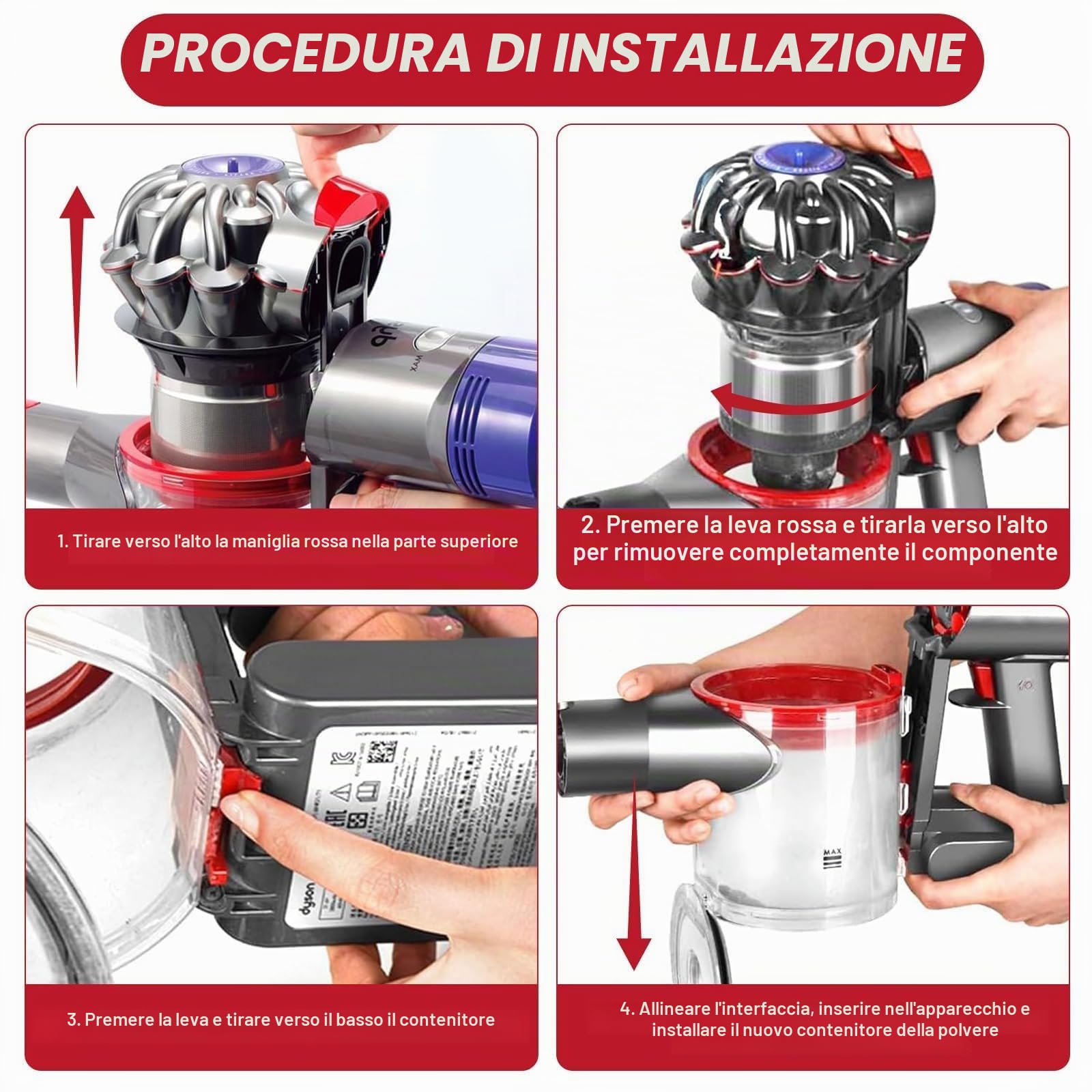 Accessori per il Coperchio Inferiore del Cestino Set per Dyson V7/V8, Contenitore per la Polvere Trasparente e di Alta Qualità, Include Prefiltro, 1 Postfiltro e 1 Spazzola per la Pulizia