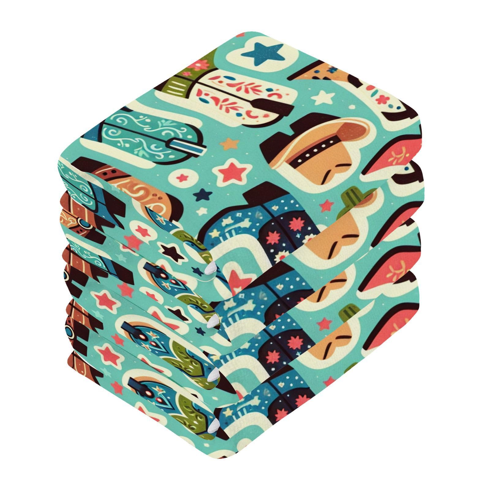 YANENDIE Cute Boots Cowboy Washcloths Towels, Highly Absorbent and Soft Cotton Face Cloths, 4 Pack Quick Dry Wash Cloths - 12 X 12 Inches