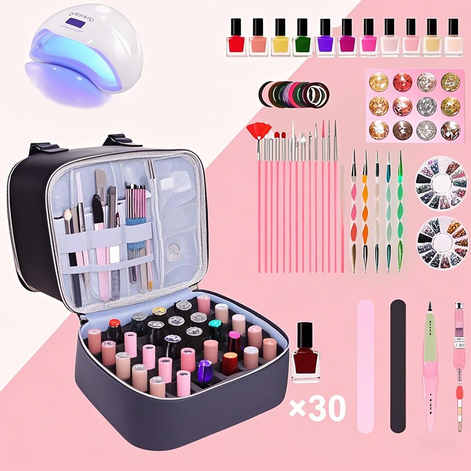 FAMKIT Oje Organizatörü, Çift Katmanlı Oje Kılıfı, 30 Şişe ve Bir Tırnak Lambası Tutar, Taşınabilir Oje Tutucu, Ayarlanabilir Bölücülerle, Tırnak Sanatı Araçları için, siyah, moda