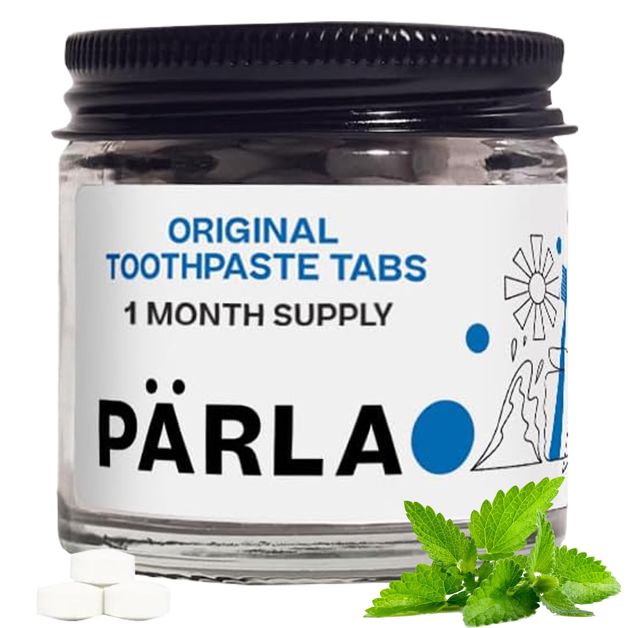 PÄRLA Original Toothpaste Tablets with Fluoride | 62 Tabs, 1 Month Supply | Eco-Friendly Bites in Sustainable Packaging | Peppermint Flavour | Natural Whitening, Gluten Free & Vegan | Refillable Jar