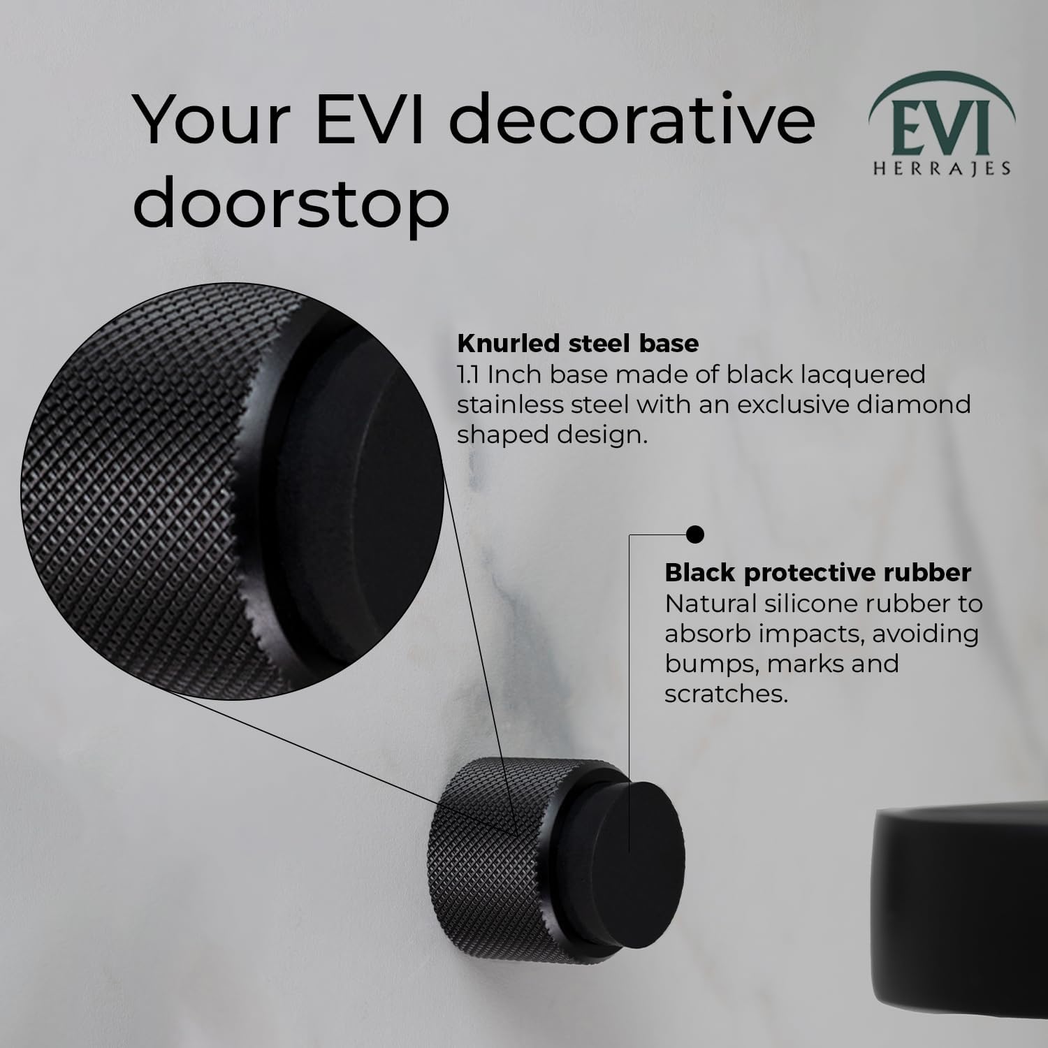 EVI Herrajes | Designer Wall Door Stop - Diamond Knurled - 1.1" x 1.1" - Black Lacquered Steel - Adhesive and Screw Fastening