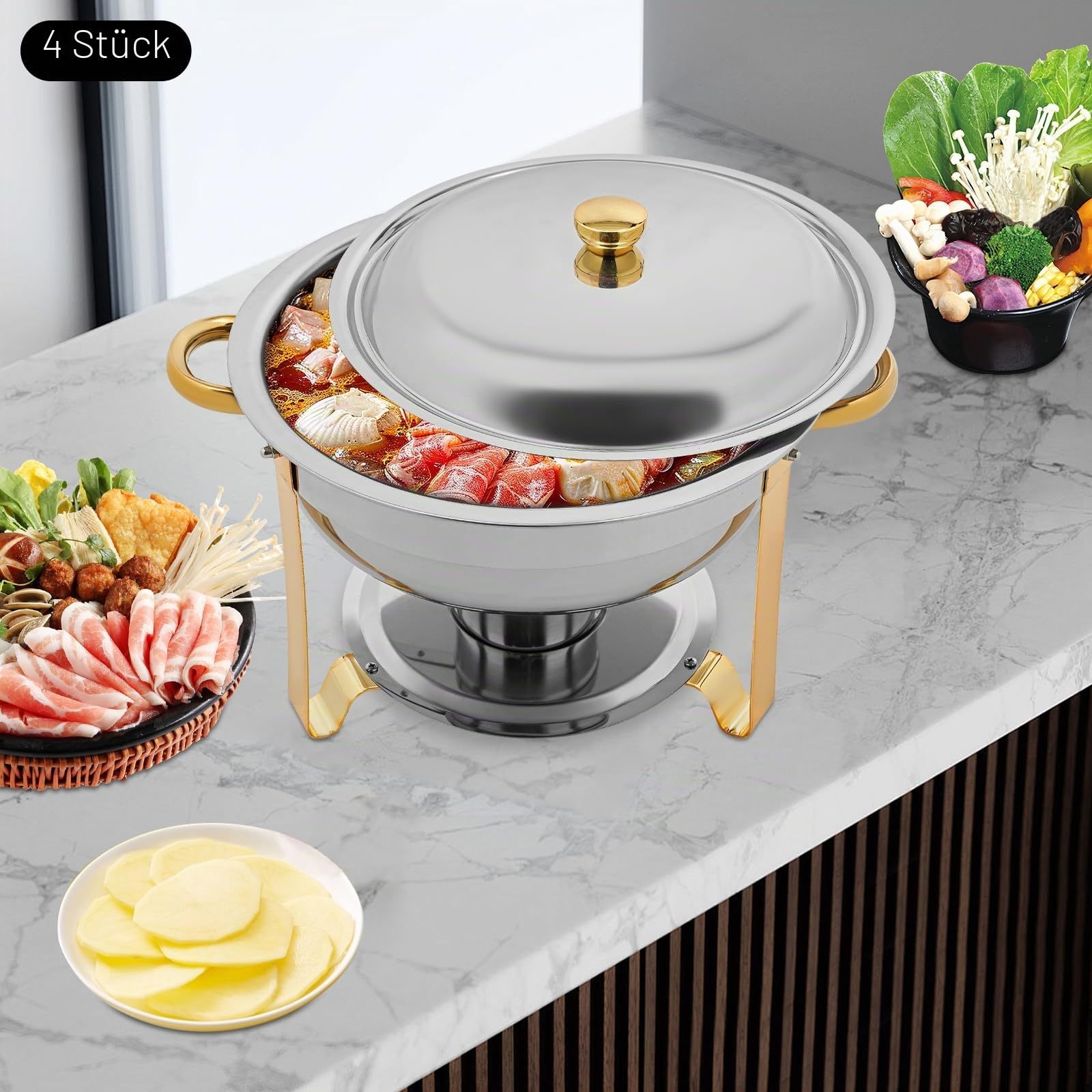 4er Set Rund Chafing Dish Set, Professional Speisenwärmer mit Deckel, 4,5L Edelstahl Buffet Wärmebehälter Buffetwärmer