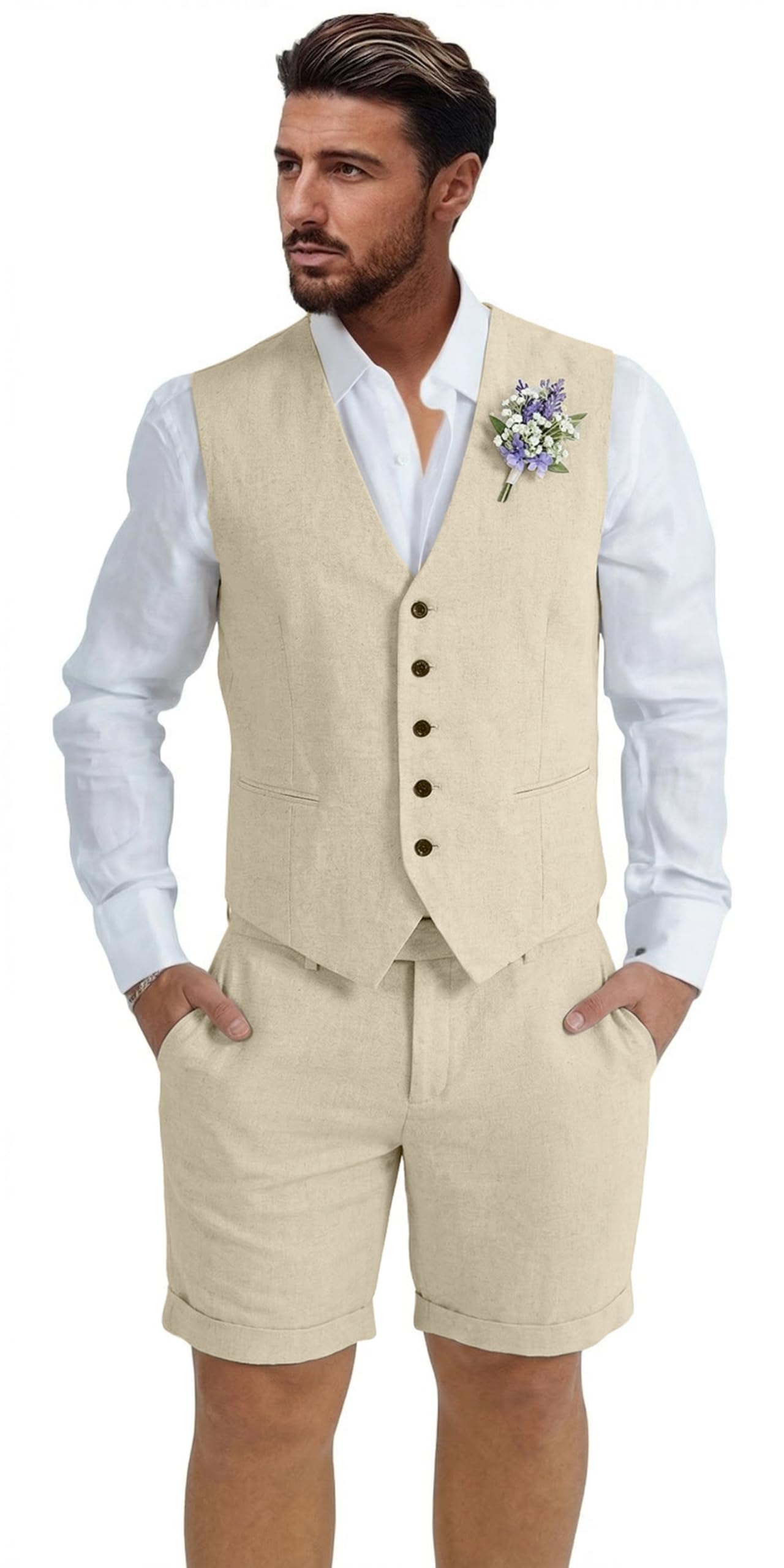 Photo 1 of Dsteng Mens Linen Suit Slim Fit 2 Piece Vest Shorts Set Champagne M