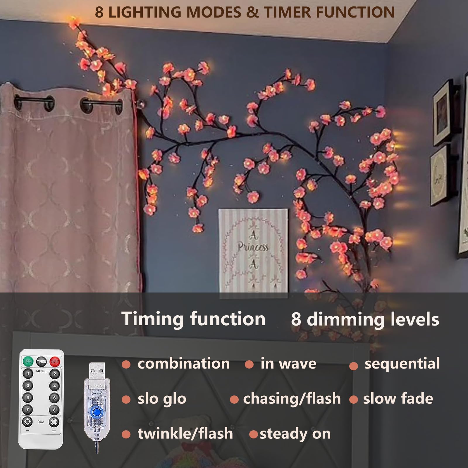 VIMAZ - Guirlande lumineuse murale a LED in forma di ramo di ciliegio - 8 modalità - 96 LED - Telecomando - Timer - Fiori di ciliegio - Decorazione per camera da letto, arte murale, Natale