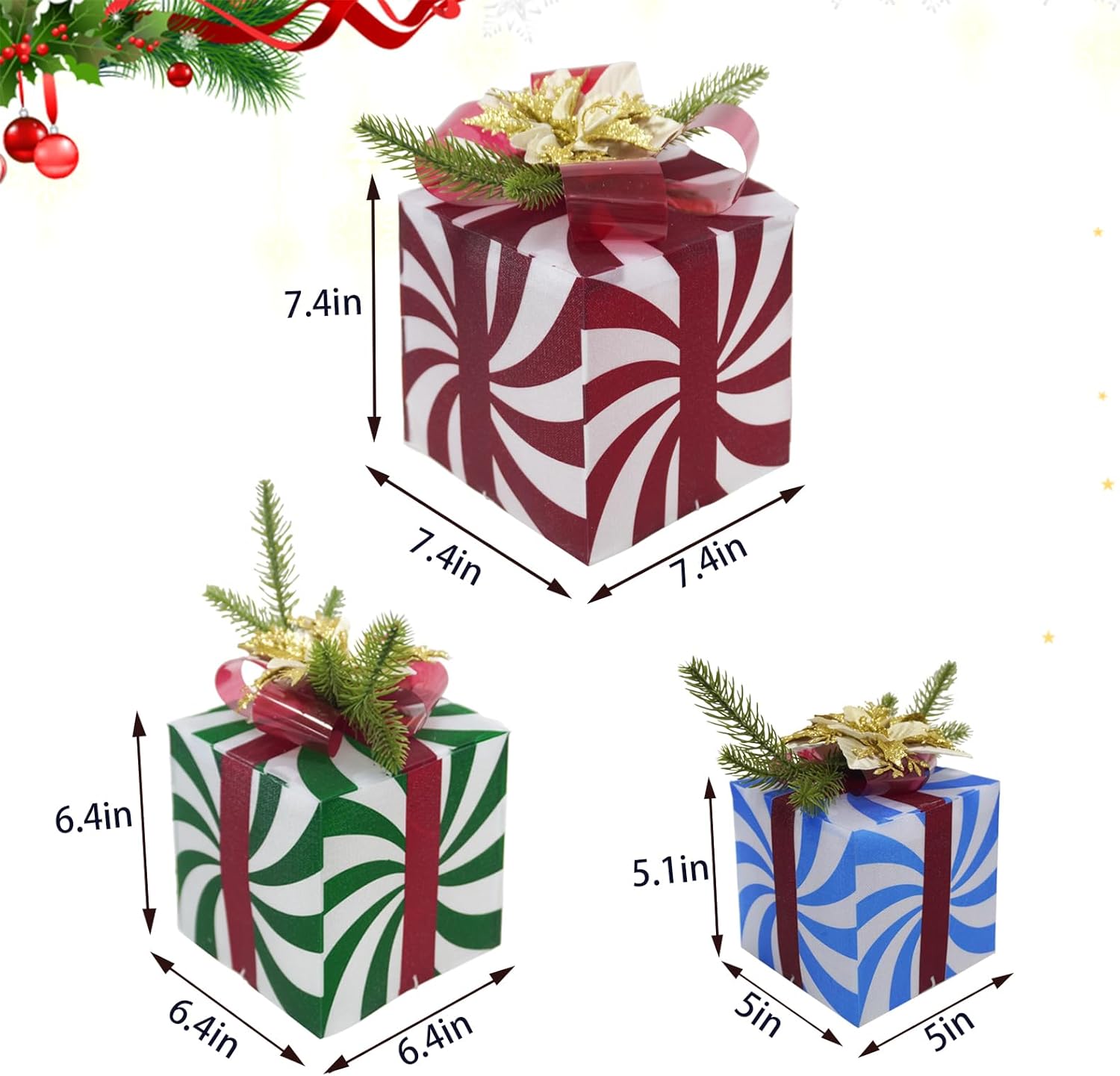 COLORFUL CANDY CANE Uieke Set of 3 Christmas Lighted Gift Boxes Christmas Decorations, 60 LED Lights Present Boxes Ornament with Red Green and Blue Stripe for Xmas Tree Indoor Yard Home Party Gift Box Decorations