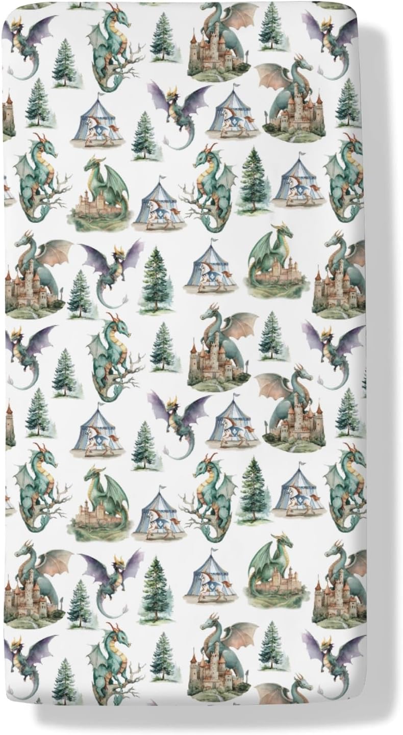 Fantasy Green Dragons Castles Baby Crib Sheets Fairytale Dragons Trees Baby Sheet Magical Animal Fitted Crib Mattress Cover for Standard Toddler Mattress 52''x28''
