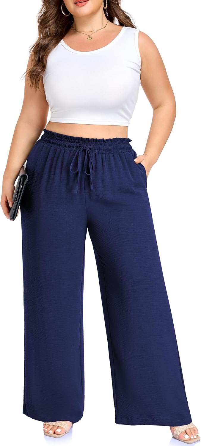 Arolina Plus Size Pants for Women Drawstring Waist Wide Leg Palazzo Beach Pants with Pockets (Regular,Petite) - Image 2