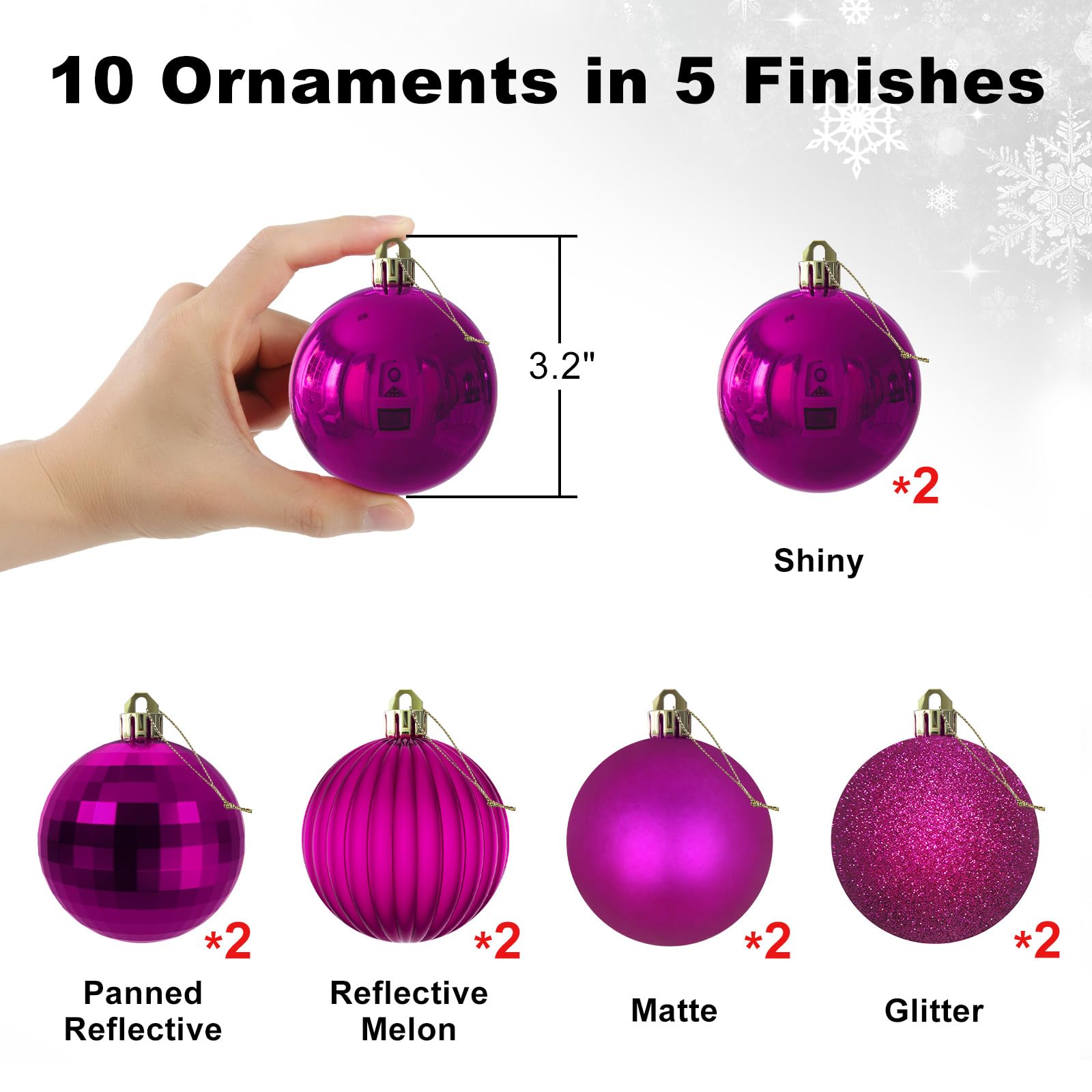 Set di 10 palline di Natale grandi, fucsia, 8,1 cm, decorazioni per albero di Natale, infrangibili, da appendere, per compleanni, Halloween, vacanze, matrimoni