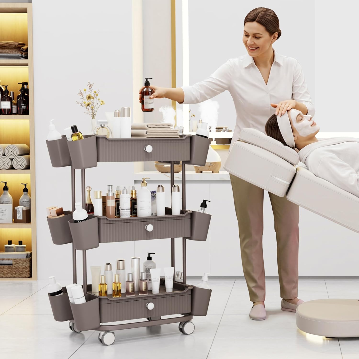 3 Tier Drawer Beauty Cart with 12 Movable Storage Organizer, Thickened ABS & 360° Wheels for Salon Station for Hair Stylist, Beauty Salon, Spa Massage Parlor, Makeup Organizer and More - Brown