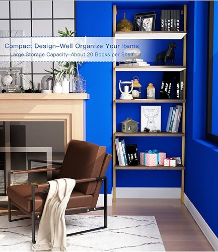 Miniatura 5 de DKLGG Estantería de pared con escalera industrial, estante para libros montado en 5 niveles, estante de exhibición abierto con marco de metal,