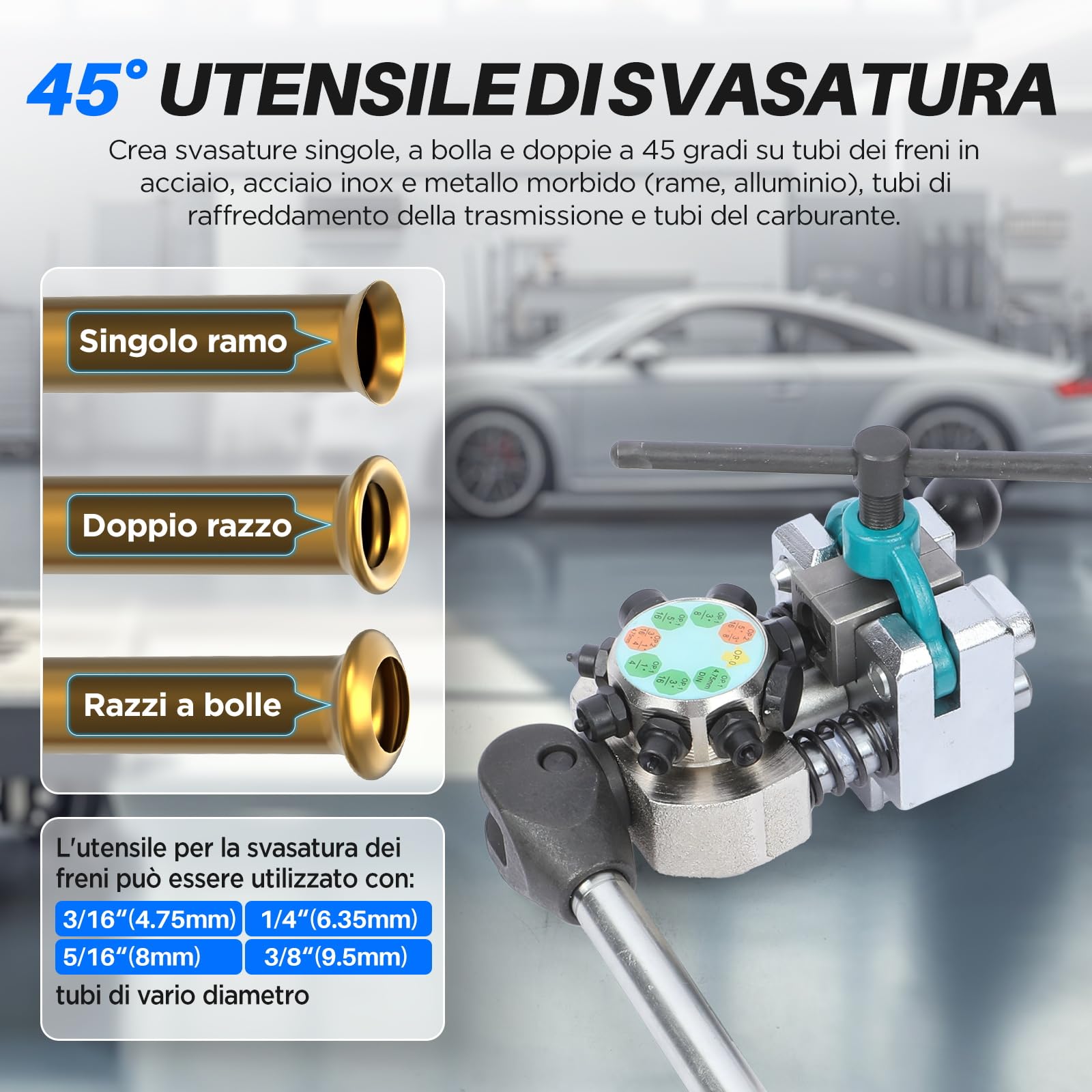 KAISAL Kit Svasatura Tubi Freno 45 Gradi Utensile Svasare Tubi Ø 4,75-9,5mm Semplice Bolla Doppia