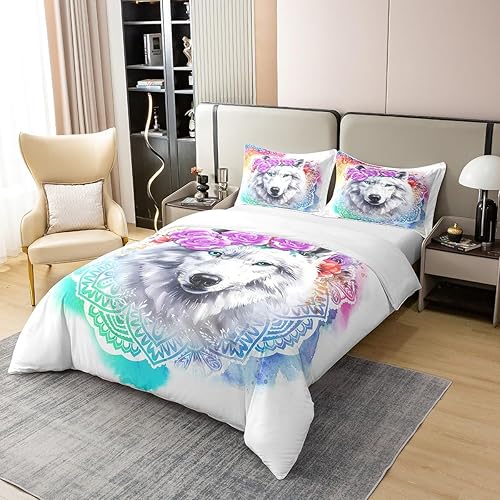 Miniatura 3 de Erosebridal Juego de funda de edredón de lobo de algodón 100 % natural, juego de ropa de cama de loto bohemio, funda de edredón de animales de