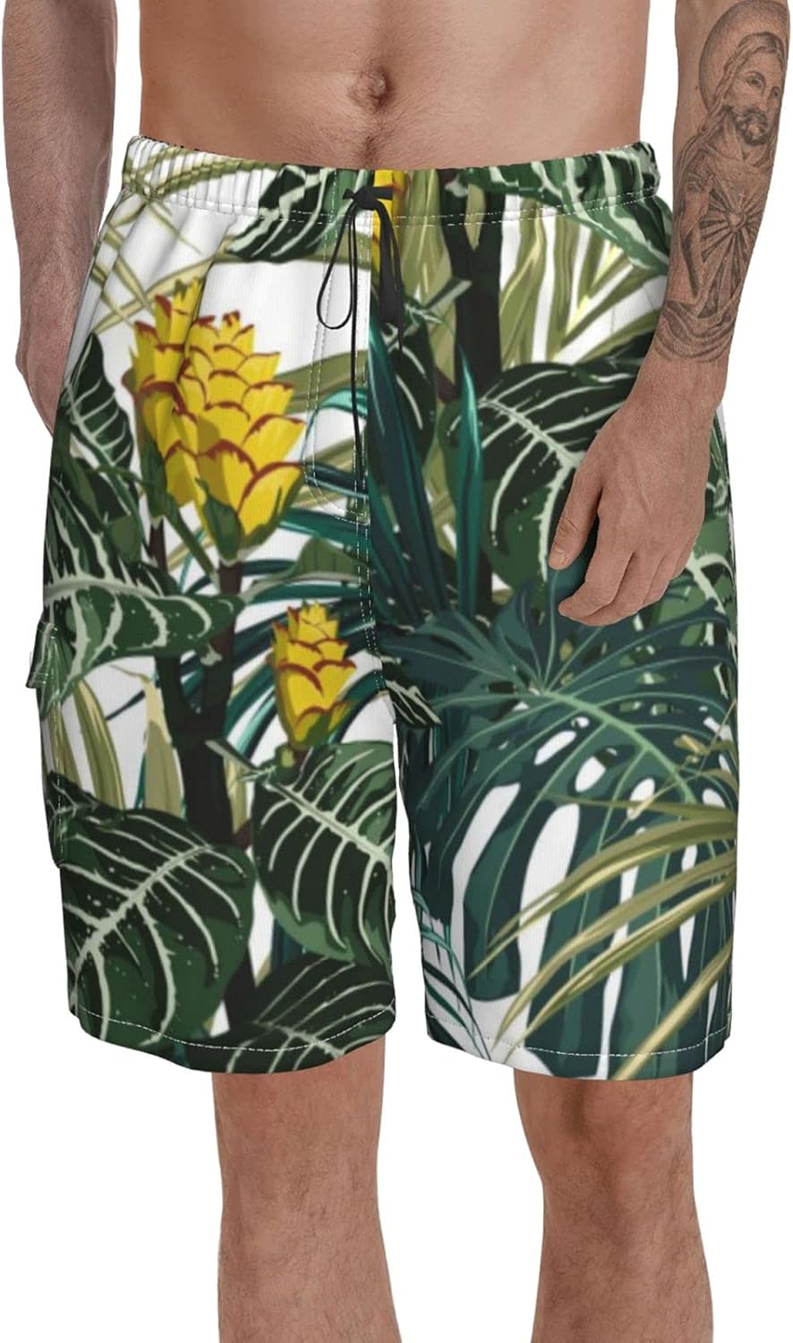 Tropical Exotic Tender Lovely Yellow Swim Trunks with Pockets Bathing