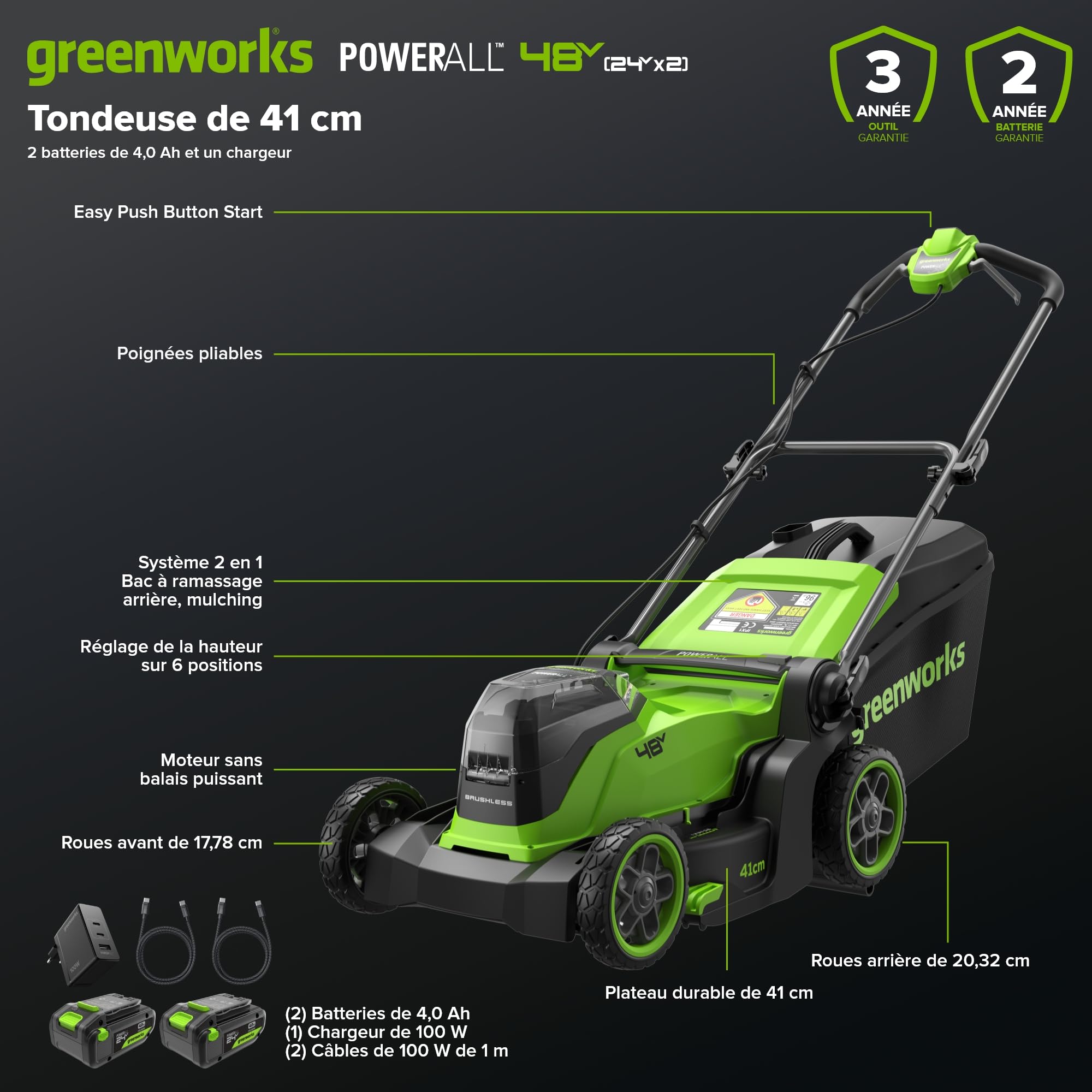 Greenworks 48V (24V x 2) Tondeuse Gazon Batterie sans Fil, Largeur de Coupe 41cm, Sac 40L, Tondeuse Electrique Gazon Inclus 2 X 24V 4Ah et Chargeur Double, Garantie 3 Ans, MO48L422-01