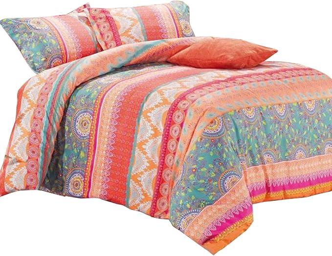 Wake In Cloud Bohemian Quilt Cover Set, Orange Coral Boho chic