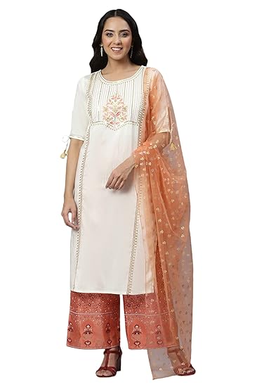 Aurelia Women's Solid Viscose Kurta Set with Palazzo & Dupatta