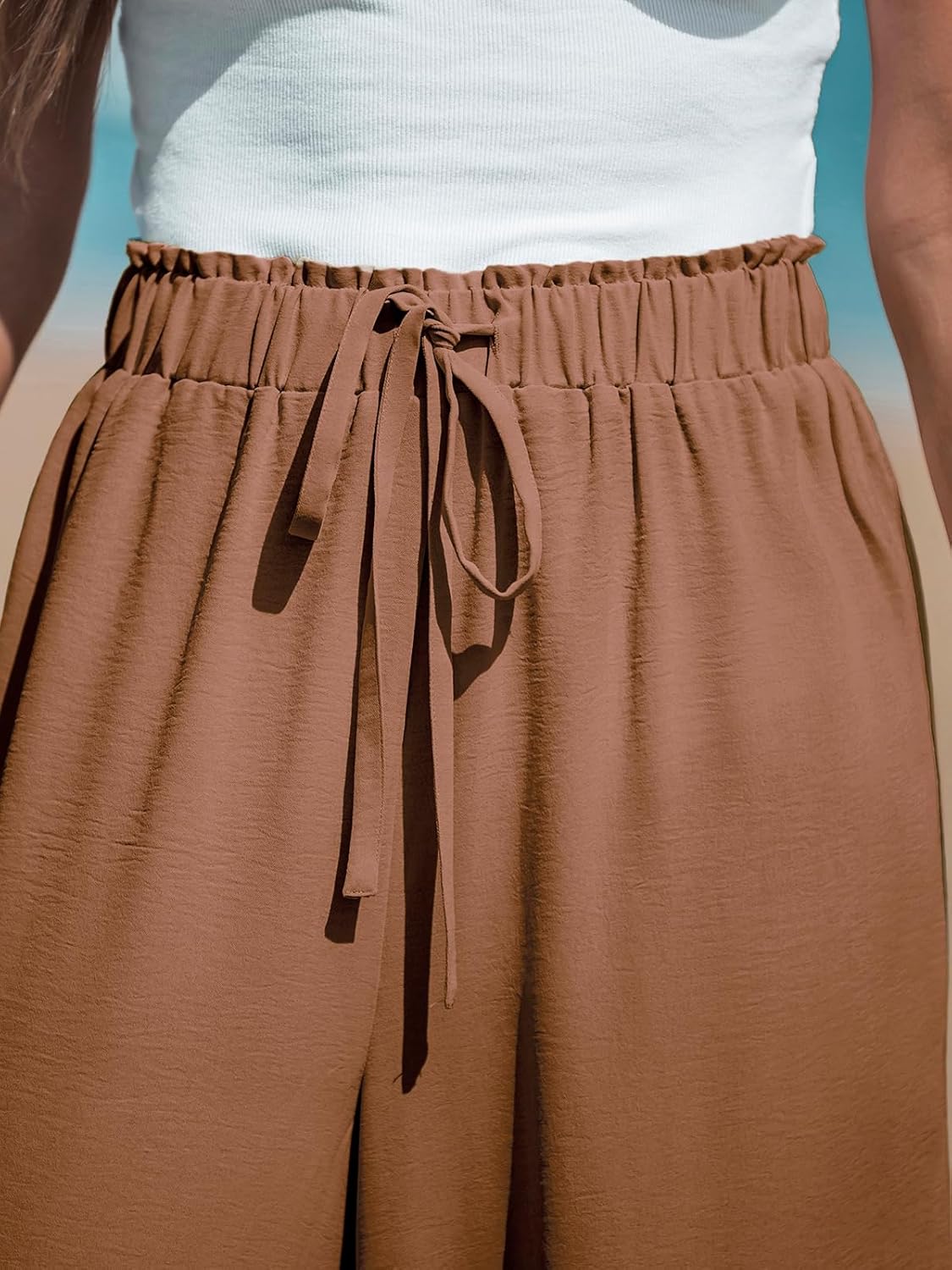 CUPSHE Women Wide Leg Pants High Waisted Trousers Linen Palazzo Lounge Beach Cover Ups Flowy Pants,L Brown - Image 6