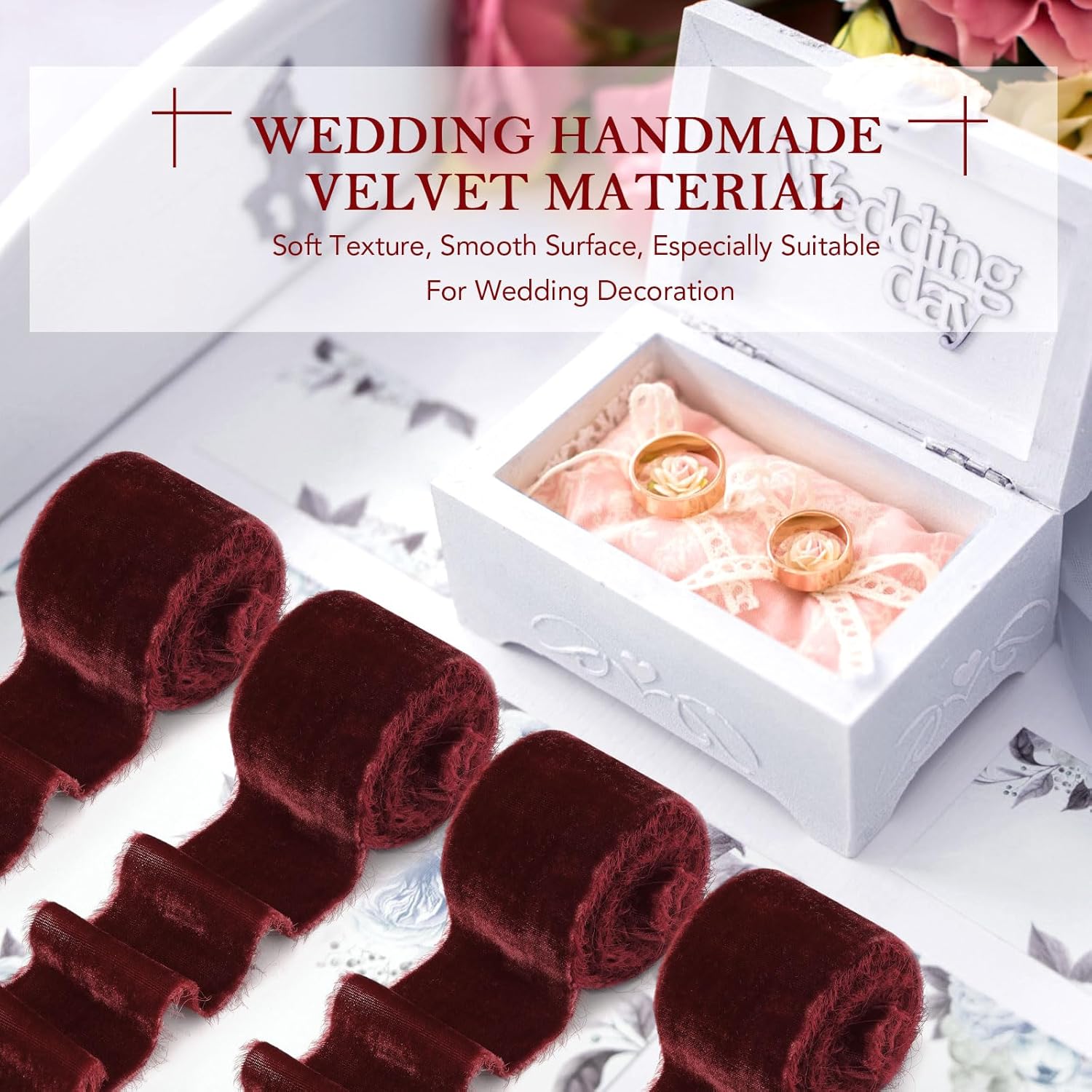 24 Yards Christmas Velvet Wrapping Ribbon, 8 Roll Silk Frayed Handmade Velvet Ribbon for Wedding Bouquet Invitation Christmas Wreaths Decor Gift Wrapping Cards DIY