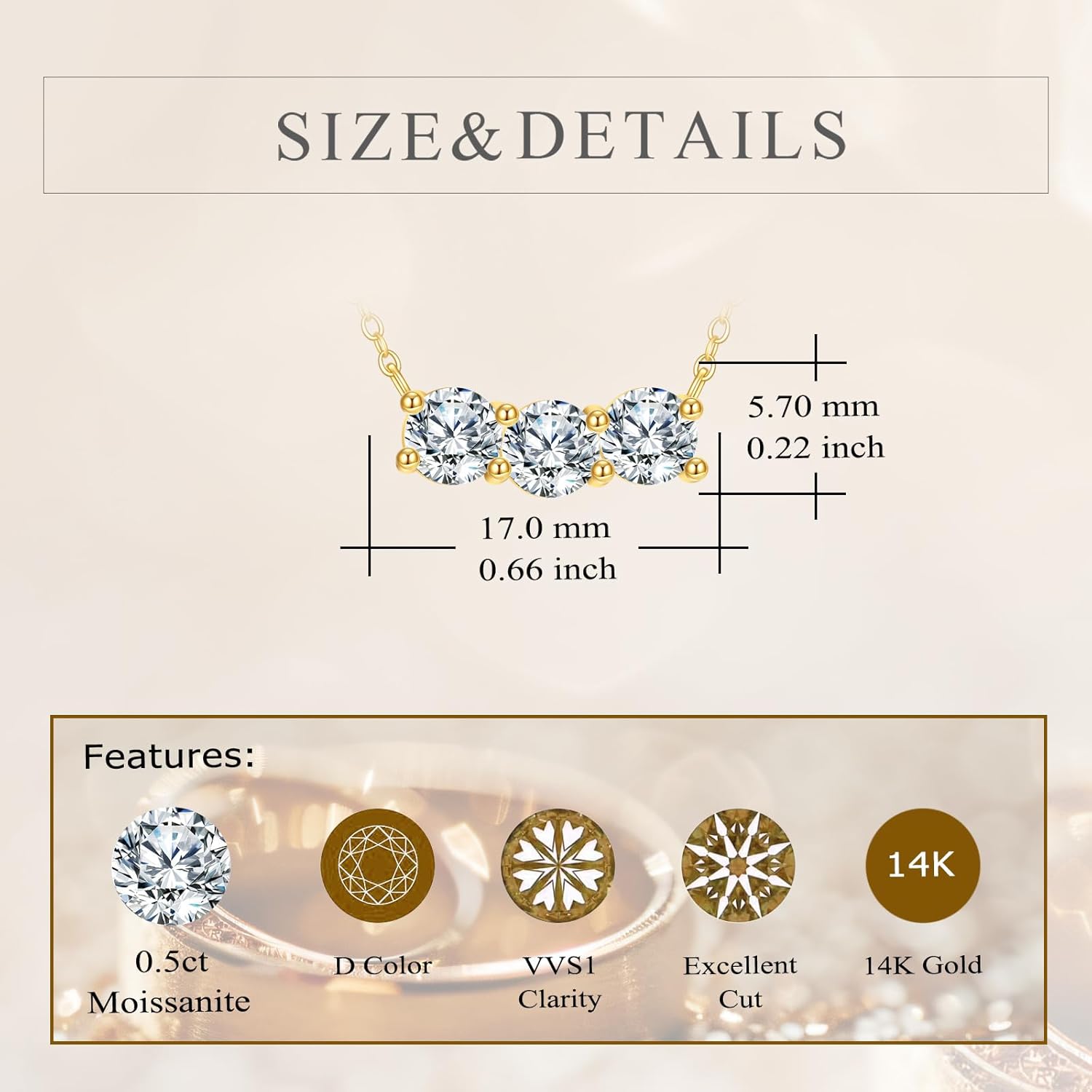 KECHO 14K Real Gold Moissanite Pendant Necklace Solid Yellow Gold Jewelry 3th 30th Anniversary Birthday Gifts for Women - Image 3