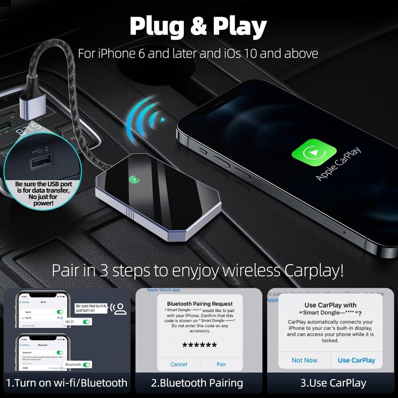 Wireless CarPlay Adapter, Audio-Video receivers to Car from Phones, Fits for Cars from 2017 & iOS 10+, Easy Use & Stable Connection