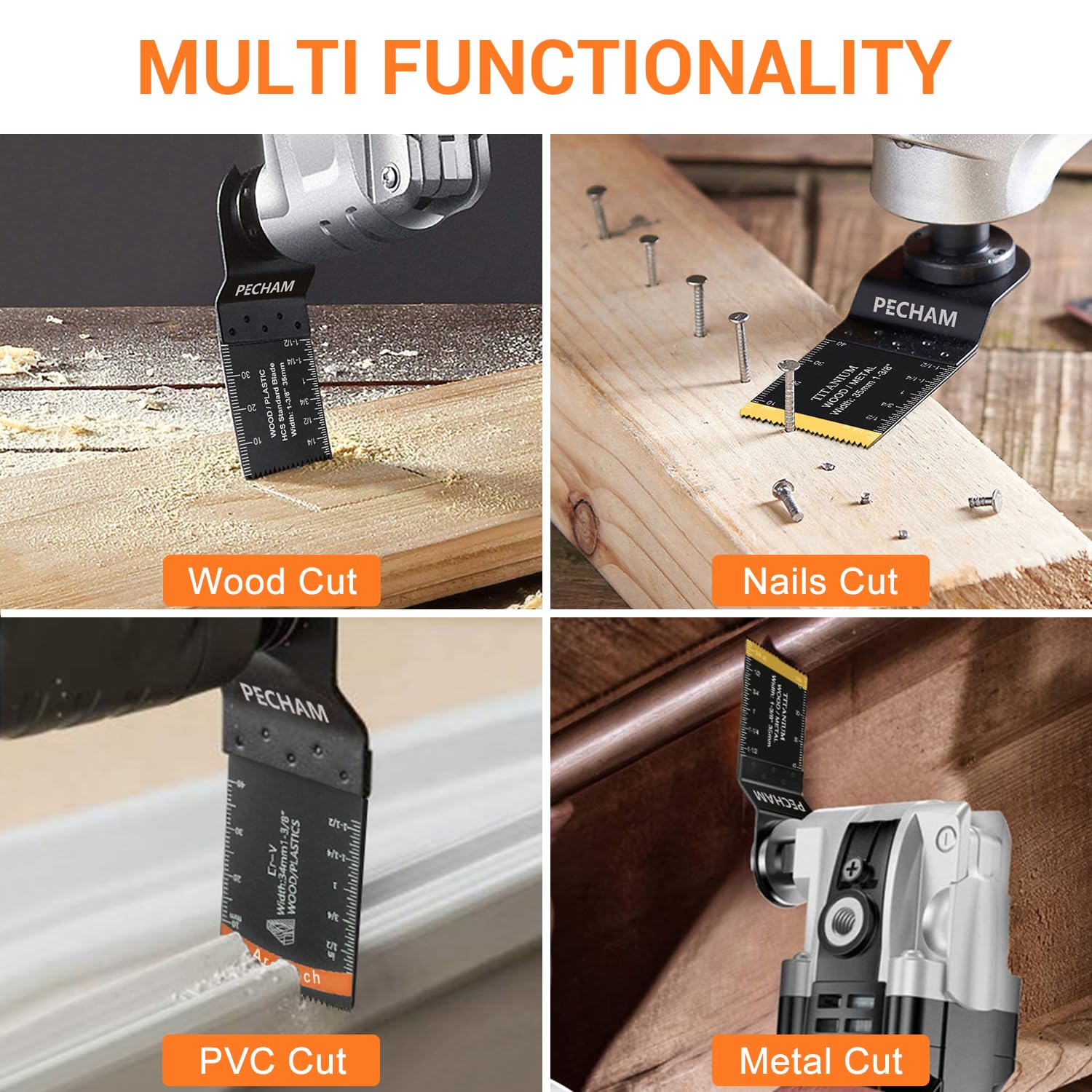 PECHAM 64 lame oscillanti professionali universali curve e in titanio, lame per seghe per legno, plastica, metallo, kit multiutensile a sgancio rapido, adatte per Rockwell, Ridgid, Ryobi, Milwaukee,