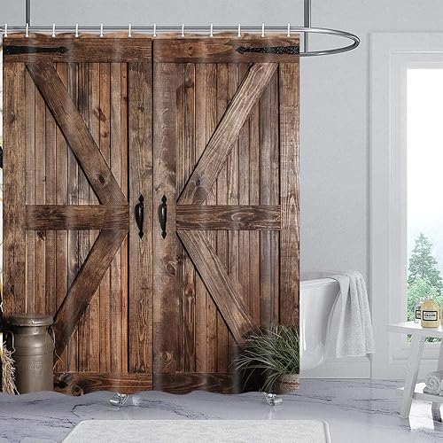 Miniatura 13 de Cortina de ducha rústica con diseño de puerta de granero para baño, cortinas de decoración de baño con tablero de madera de campo retro, conjuntos