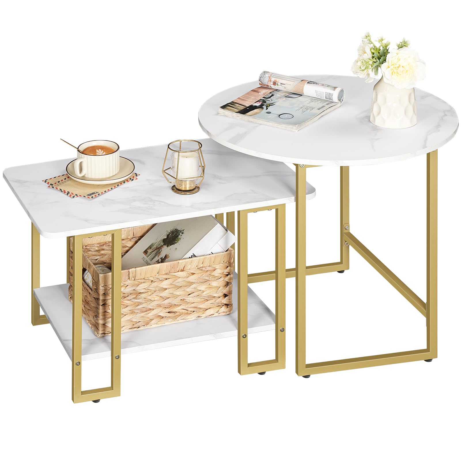 ( incomplete missing piece)Coffee Table, Small Coffee Table Set, Faux Marble Coffee Tables with Metal Frame, Modern Nesting Coffee Tables Set of 2, for Living Room, Marble White and Gold DM116BZ01