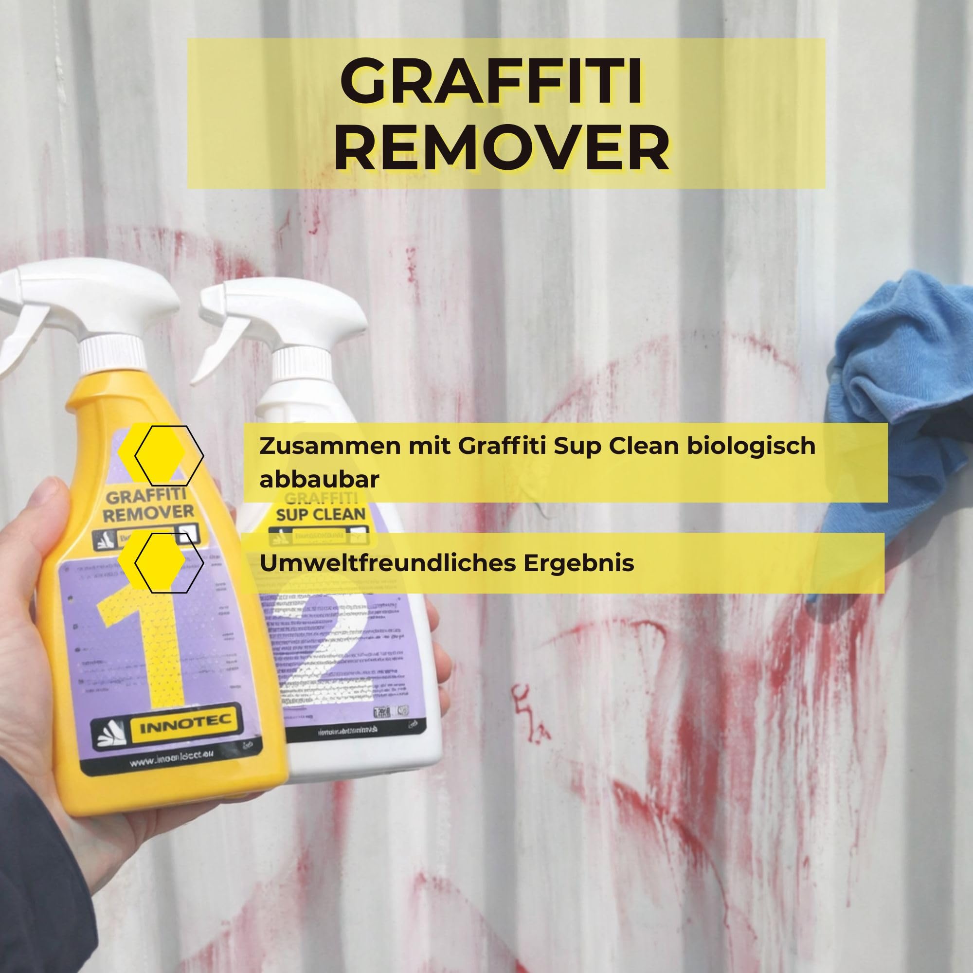 2 Stück INNOTEC Graffiti Remover 500 ml – kraftvoller Graffiti-Entferner für Farbe & Spraylack – löst schnell Farbschichten auf Beton, Metall, Holz und Putz – ideal für Fassaden, Mauern & Außenflächen