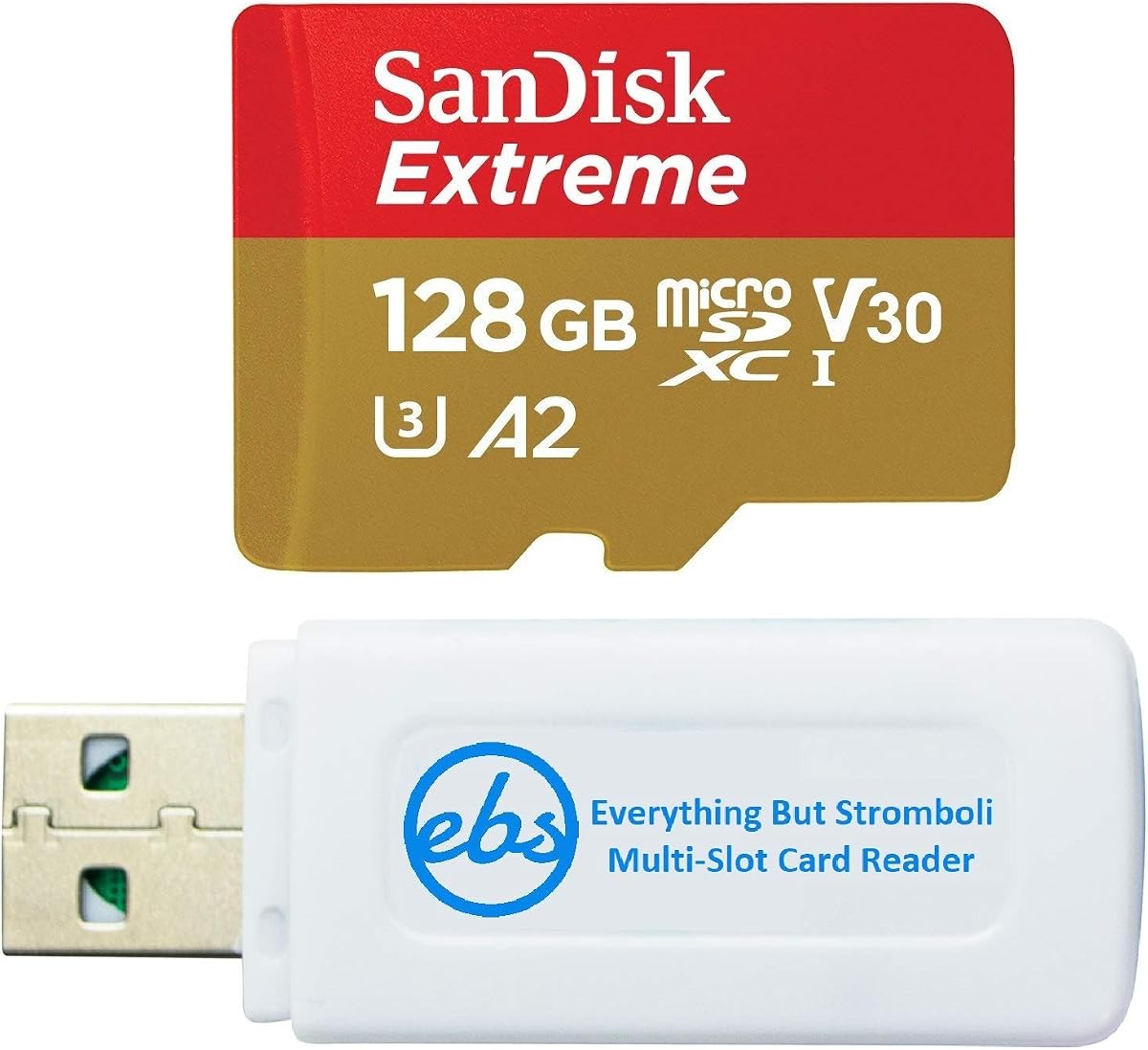 SanDisk 128GB Extreme MicroSDXC Card Compatible with Samsung Galaxy Phones | For A14 5G, A24, A34 5G, A54 5G Models (SDSQXAA-128G-GN6MN) Bundle with 1 Everything But Stromboli MicroSD Card Reader