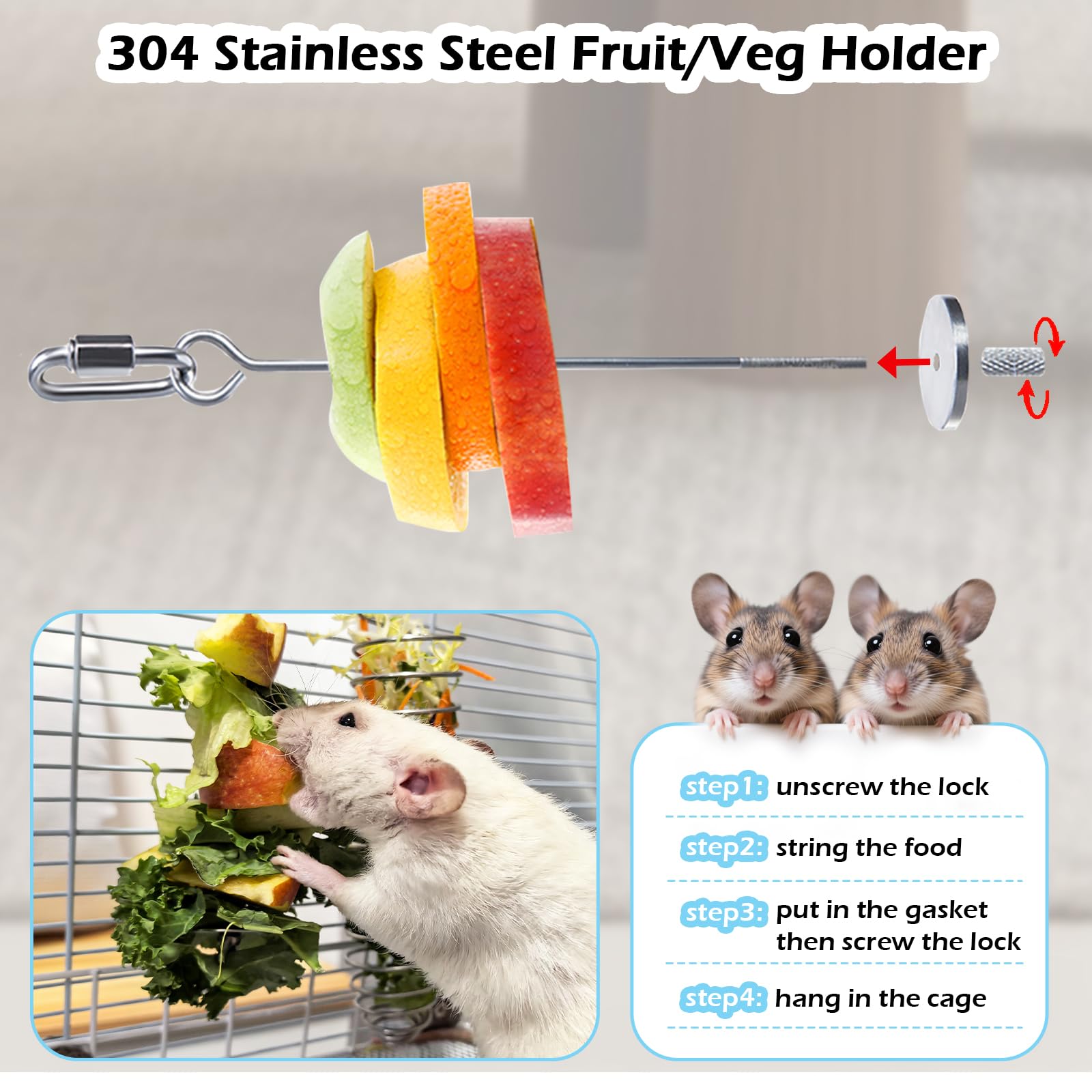 5Pcs Rat Enrichment Toys, 304 Stainless Steel Foraging Fruit Veg Holder, Treat Dispenser, Interactive Puzzle Slow Feeder, Rotating Sniffing Cage Accessories for Rats/Mice/Birds - image 4