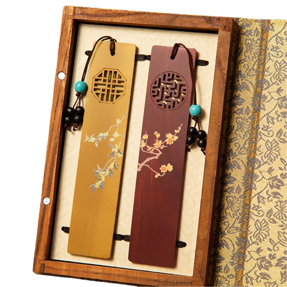 Ghbunuz 木製書签、梅蘭竹菊、紫光檀、酸枝木、楠木、紫檀木、礼盒入り、春、夏、秋、冬、中国風、古典デザイン (窓格子 - 紫檀とロウバイのフィベ鎮南木[宝石箱]) : Office Products