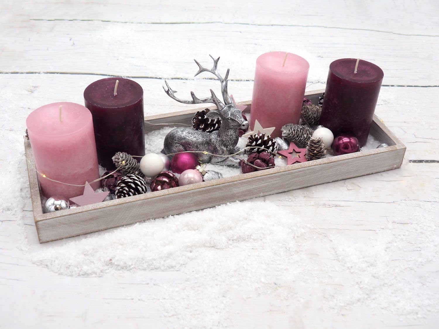 ZauberDeko LED Adventsgesteck Weihnachtsdeko Tablett Holz Hirsch Silber Rosa Beere Lichterkette 40cm