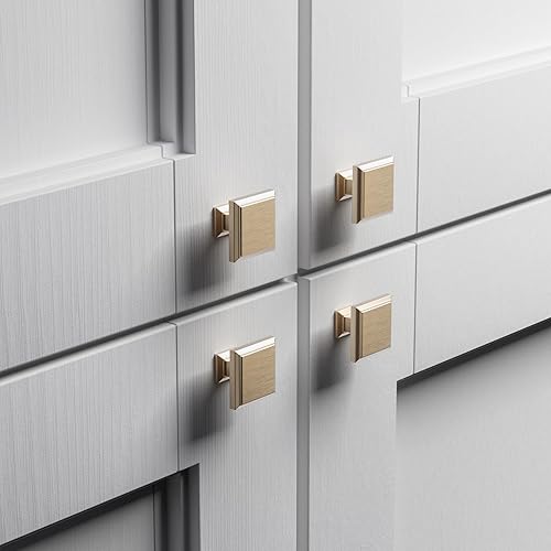 Miniatura 2 de Cobbe Paquete de 10 pomos cuadrados dorados para gabinete, pomos de cocina de latón cepillado, perillas de cajón de aleación de zinc, herrajes
