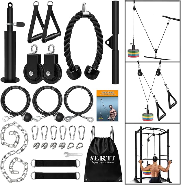 Weight Cable Pulley System Gym, SERTT Upgraded Cable Pulley Attachments for Gym LAT Pull Down, Biceps Curl, Tricep, Arm Workouts - Weight Pulley System Home Gym Add On Equipment